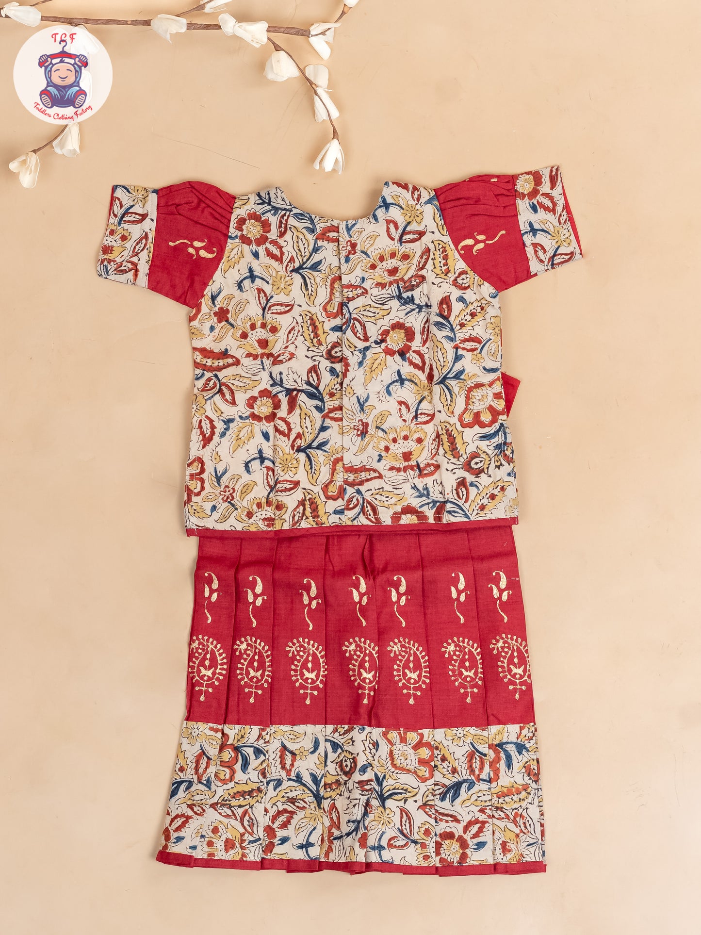 Cream & Red Kalamkari Printed - Girls Readymade Cotton Pavadai Sattai