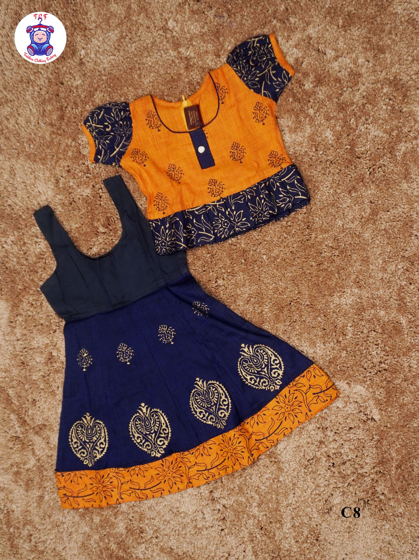 Orange & Navy Blue - Cotton Pavadai Sattai