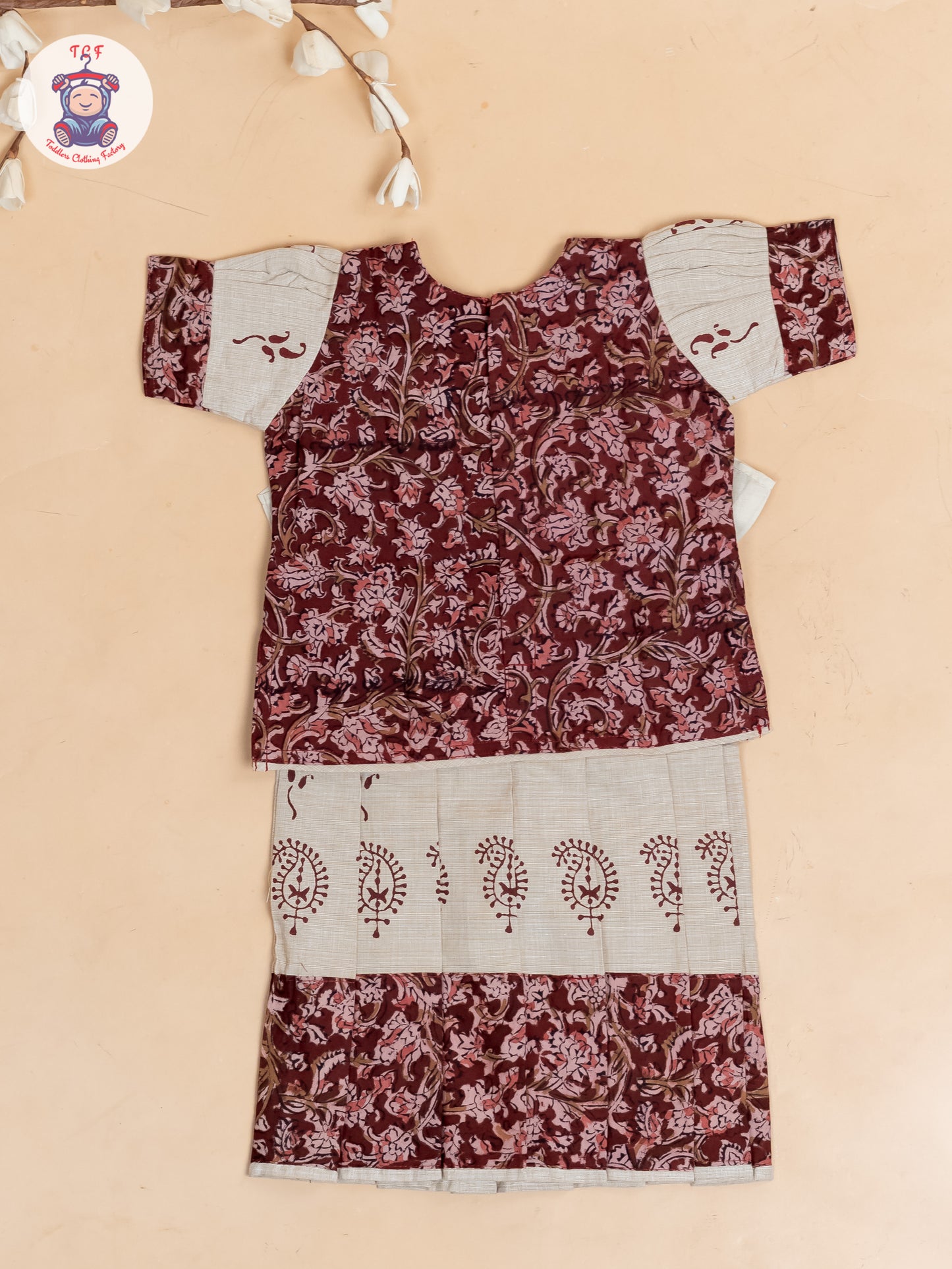 Maroon & Cream Kalamkari Printed - Girls Readymade Cotton Pavadai Sattai