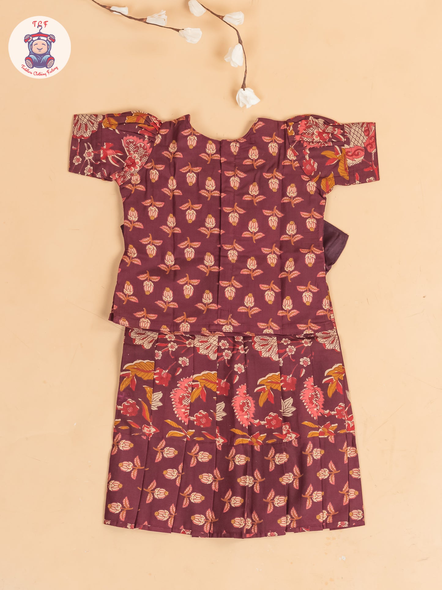 Maroon Floral Printed - Girls Readymade Cotton Pavadai Sattai