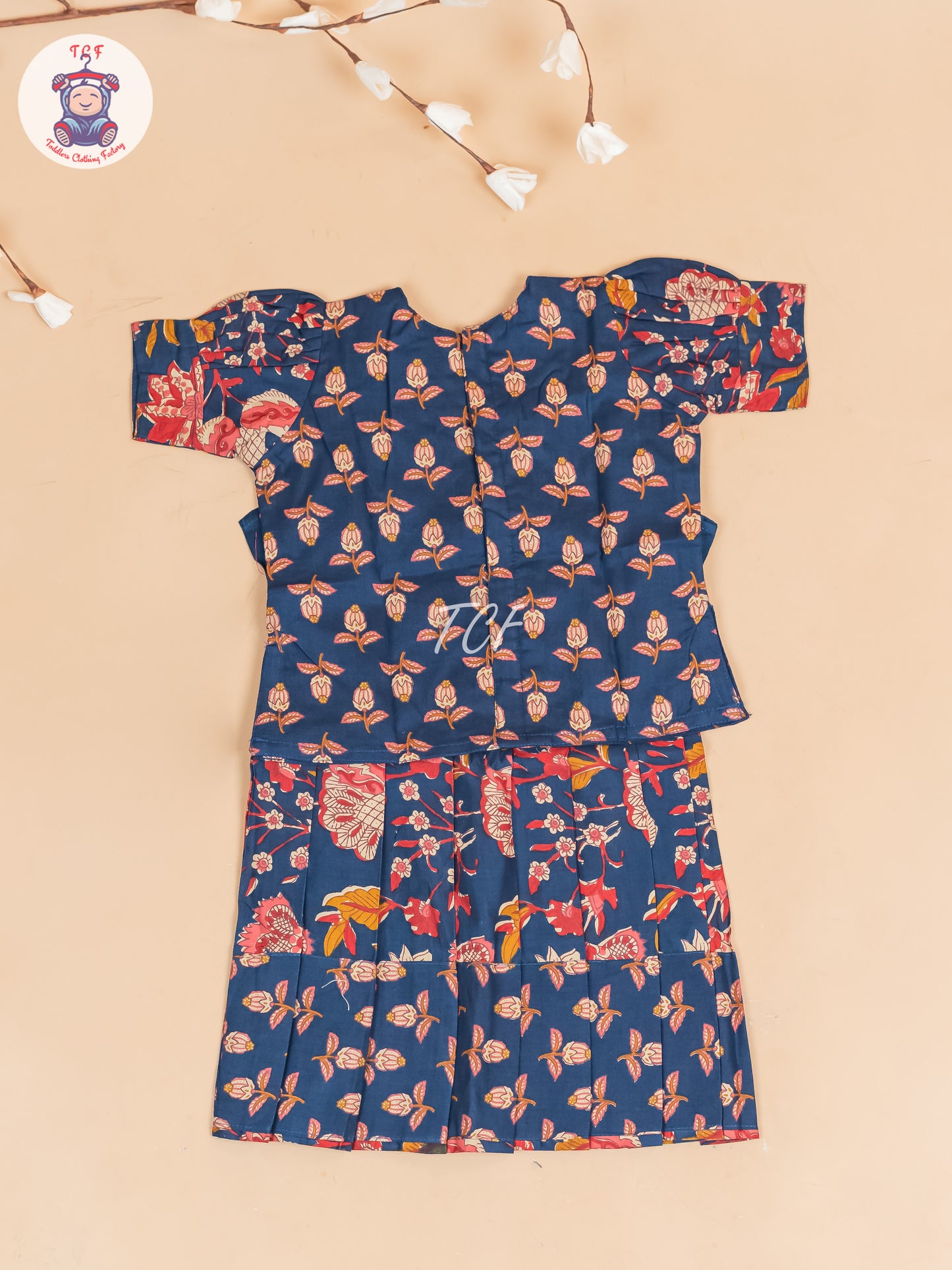 Navy Blue Floral Printed - Girls Readymade Cotton Pavadai Sattai