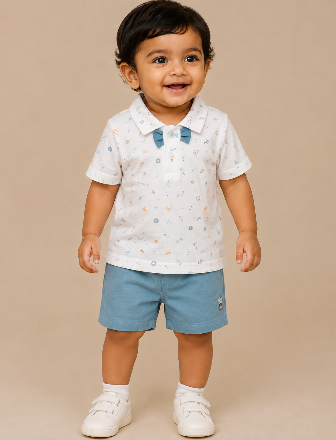 White & Light Green Half Sleeves Shirts & Shorts Set With Suspender & Bow