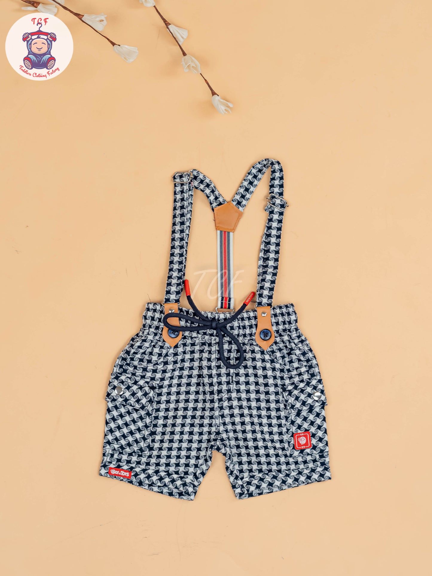 White & Navy Blue - Half Sleeves T-Shirts & Shorts Set With Suspender