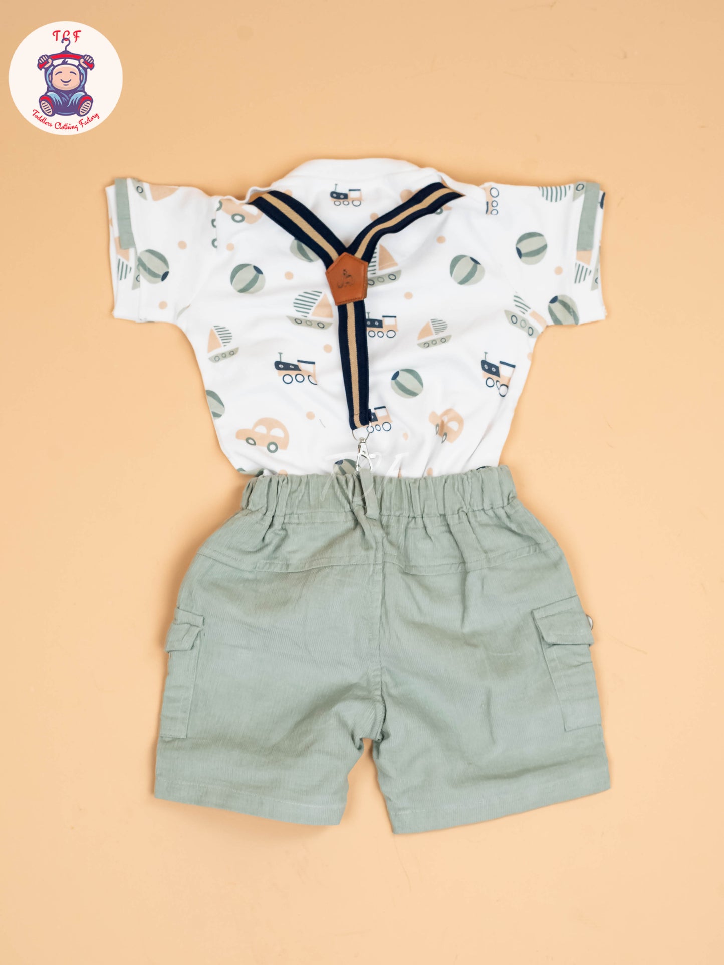 White & Grey - Half Sleeves T-Shirts & Shorts Set With Suspender Sets