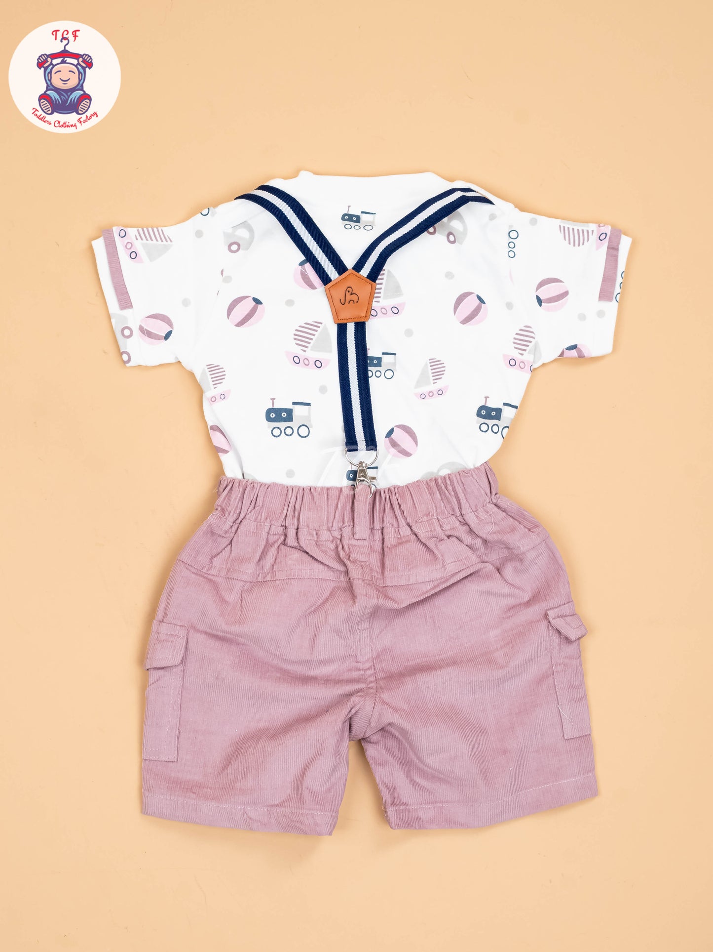 White & Light Pink - Half Sleeves Shirts & Shorts Set With Suspender & Bow