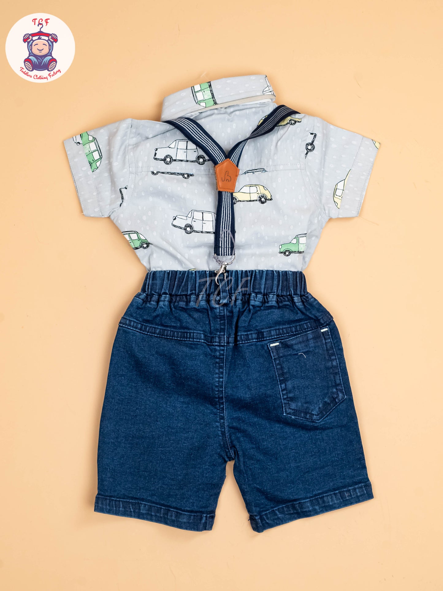 Sky Blue & Denim - Half Sleeves Shirts & Shorts Set With Suspender Sets