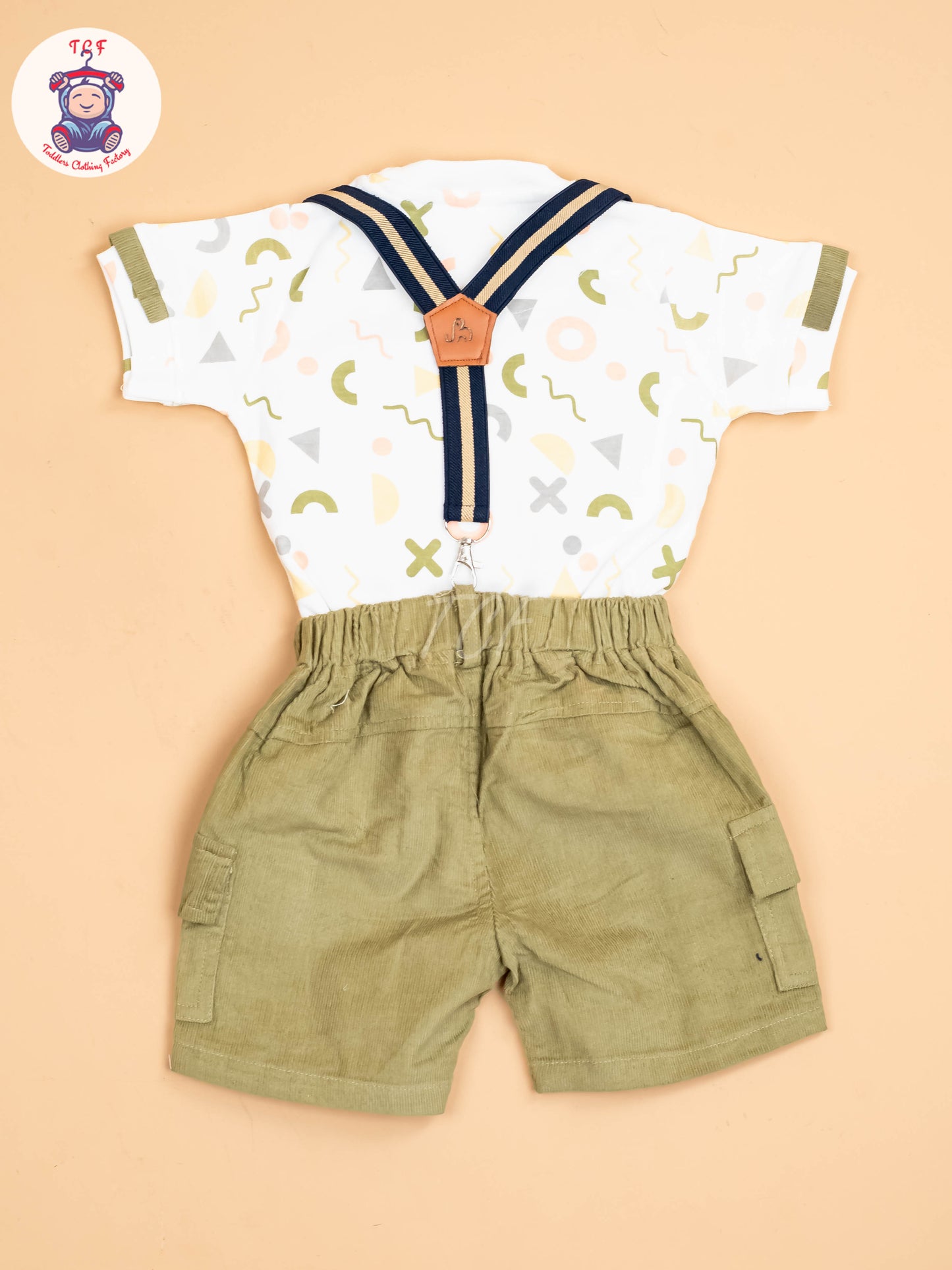 White & Light Green - Half Sleeves Shirts & Shorts With Suspender Sets