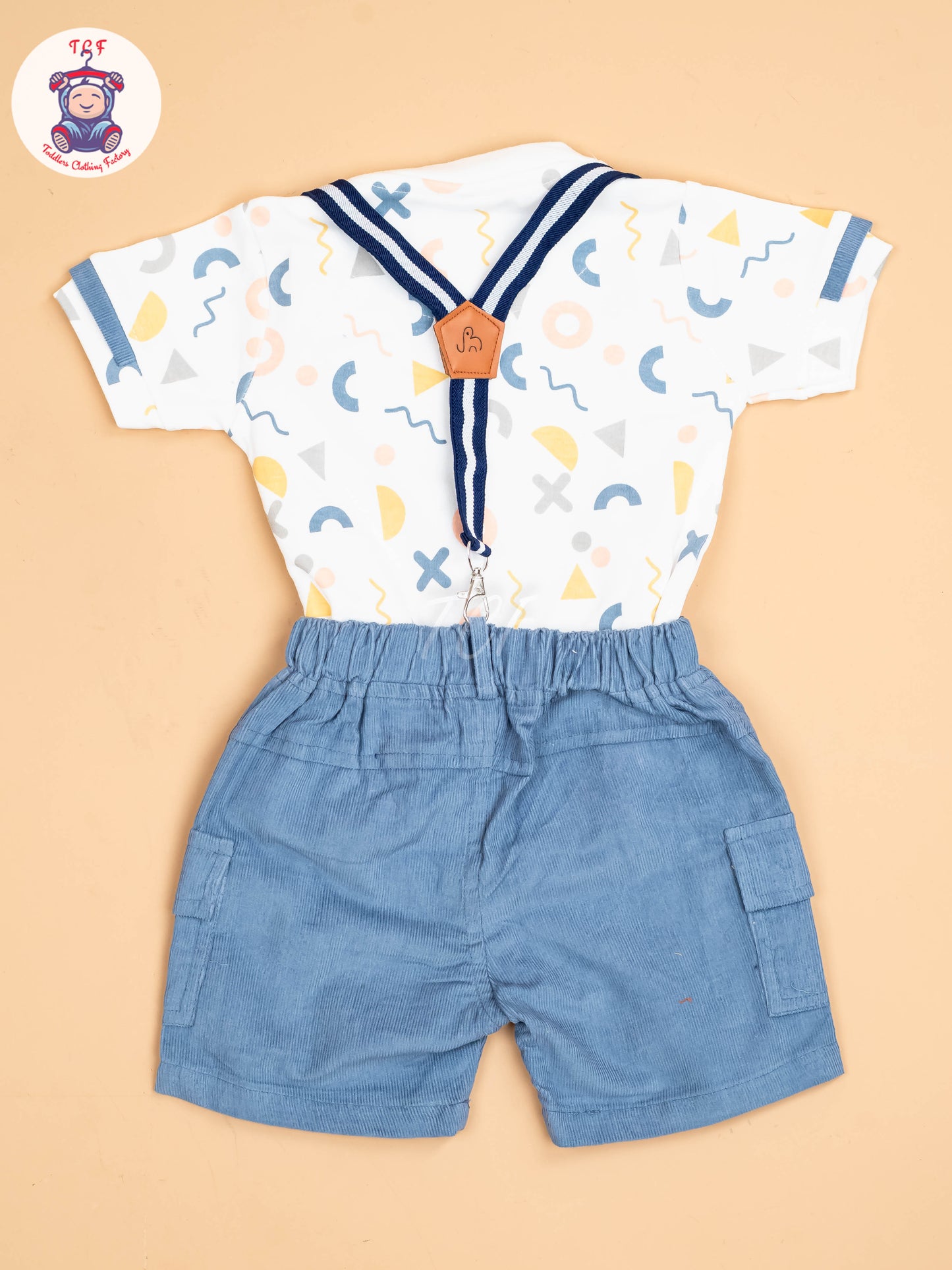 White & Light Blue - Half Sleeves Shirts & Shorts With Suspender Sets