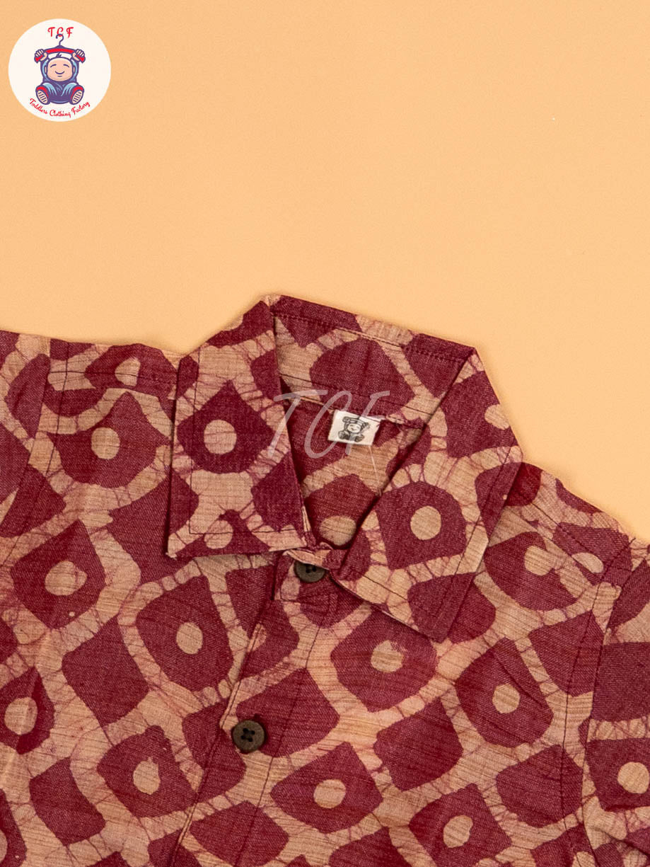 Wine & Beige - Boys Readymade Bhatik Shirts