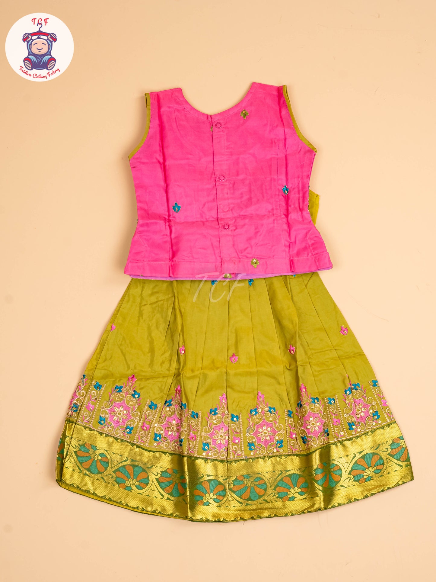 Pink & Green - Embriodered Pavadai Sattai