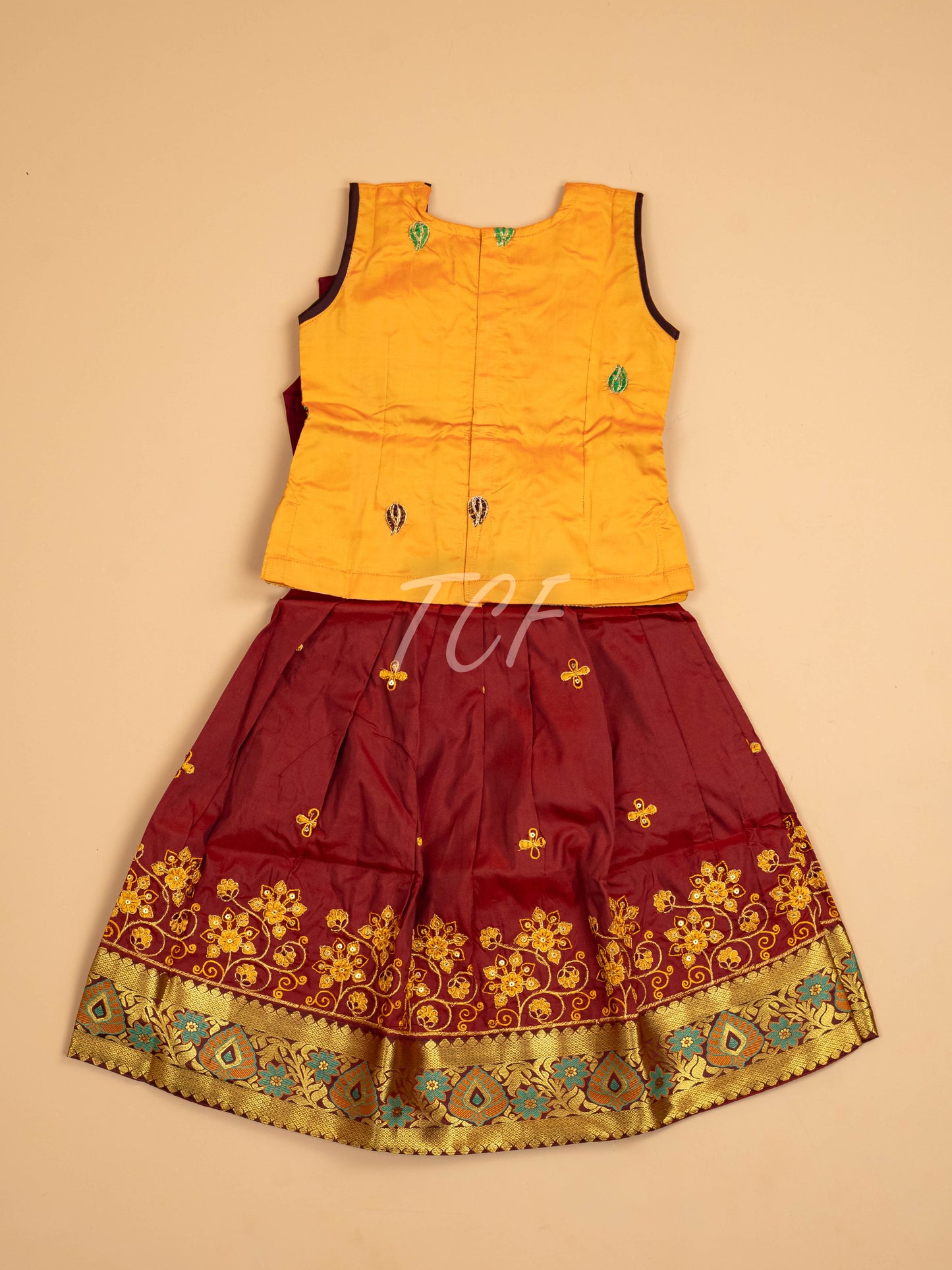 Mustard & Maroon - Embriodered Pavadai Sattai