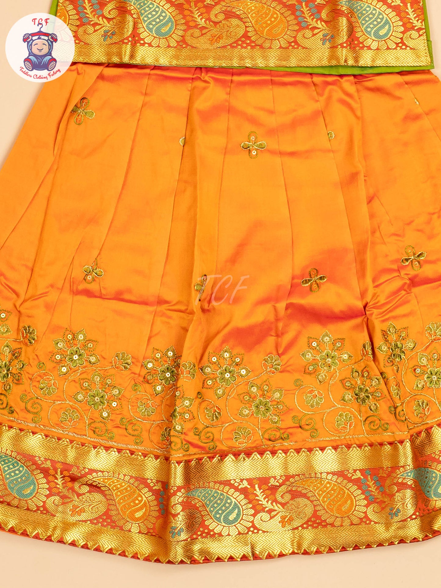 Green & Orange - Embriodered Pavadai Sattai