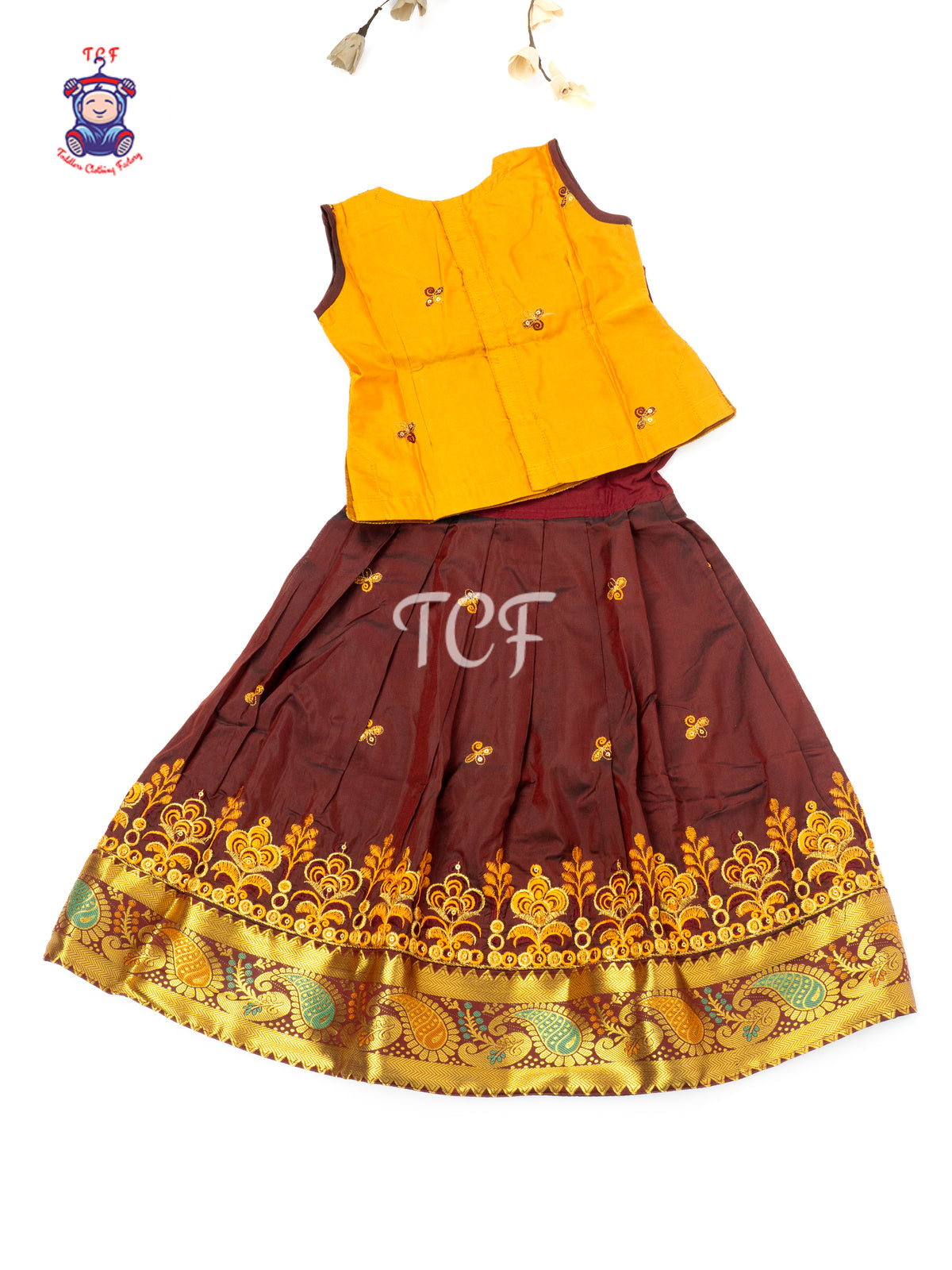 Mustard & Maroon - Embriodered Pavadai Sattai