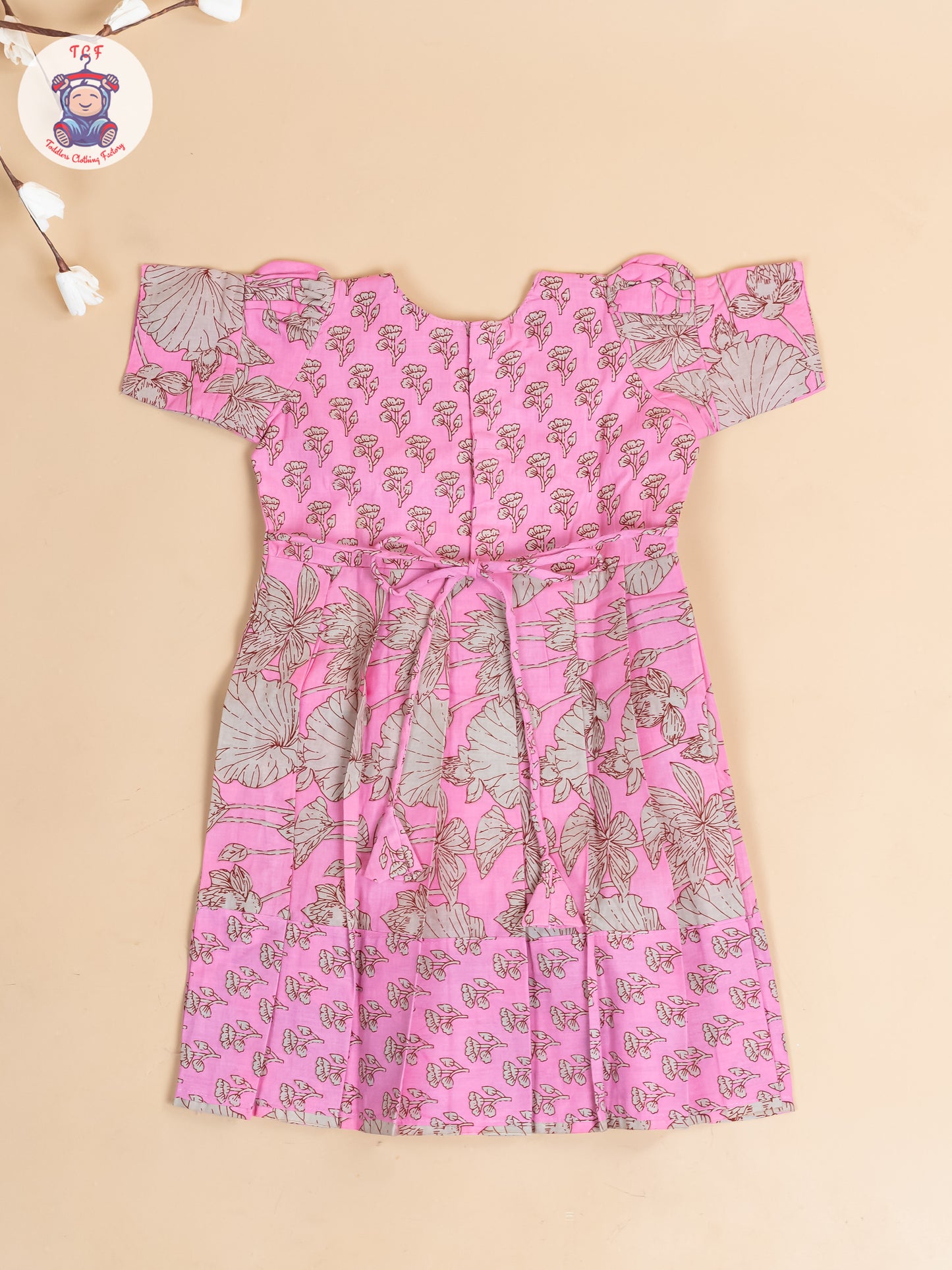 Baby Pink & Grey Floral - Girls Readymade Cotton Long Frock