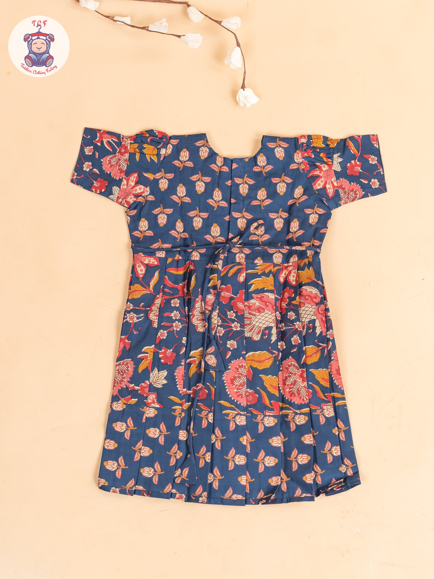 Navy Blue Floral Printed - Girls Readymade Cotton Long Frock