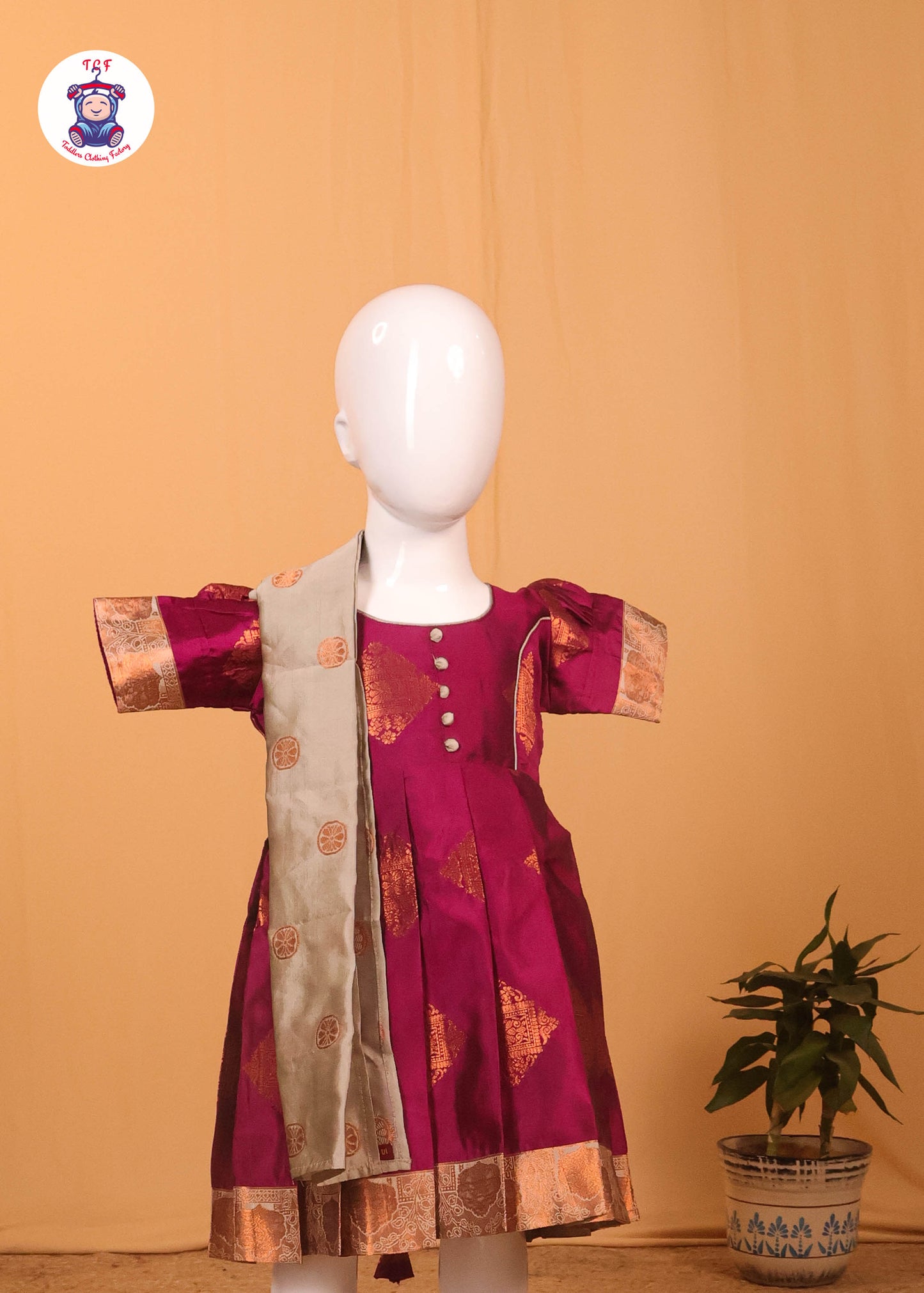 Rich Maroon & Grey - Long Frock with Printed Dupatta