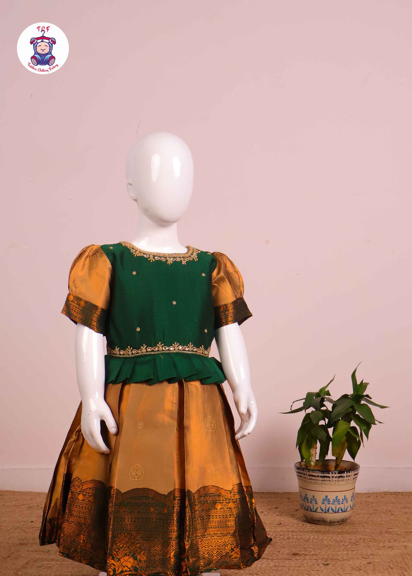 Green & Sandal - Kids Readymade Frock