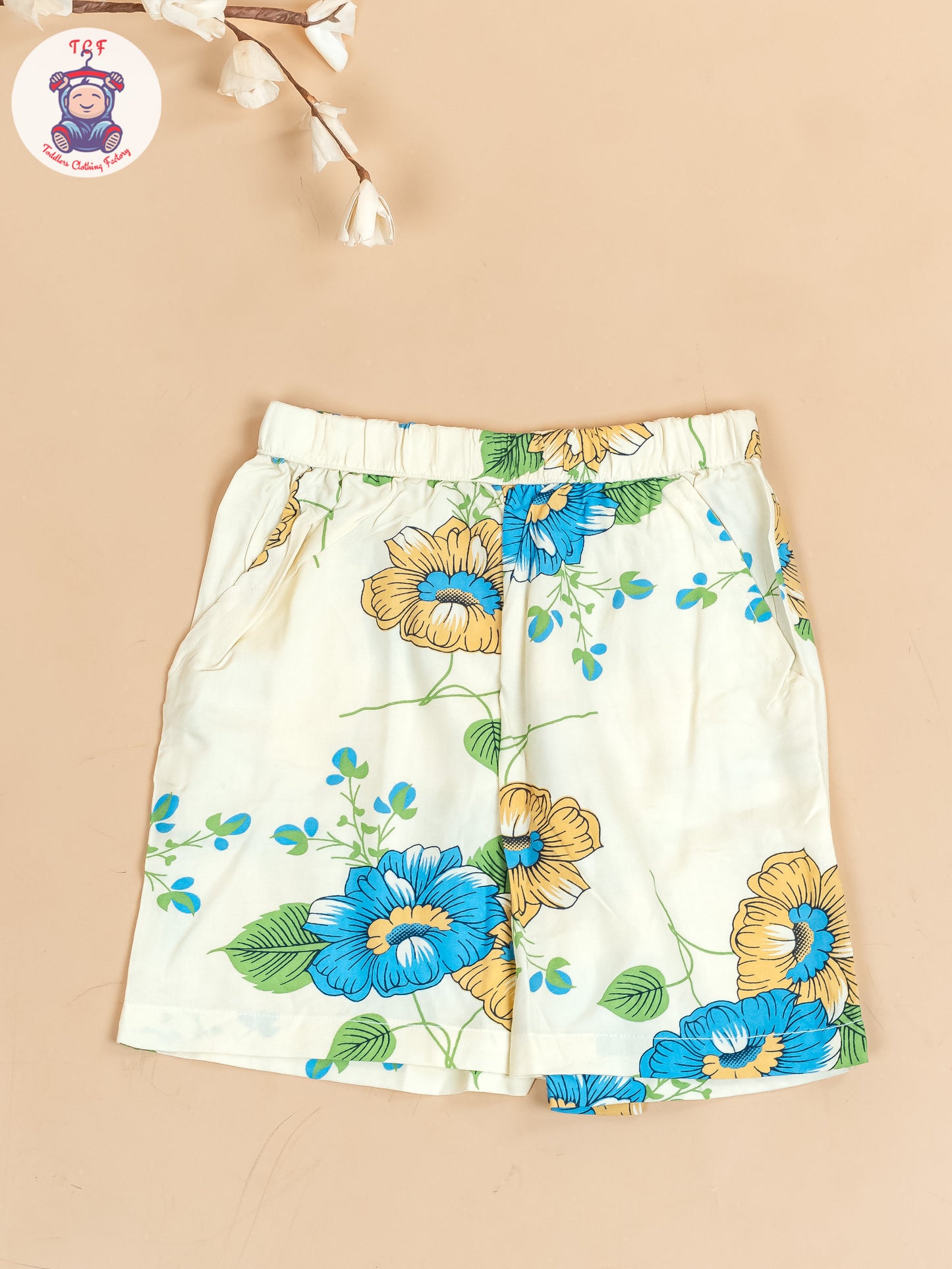 Cream & Blue - Floral Printed Flared Strappy Top & Shorts