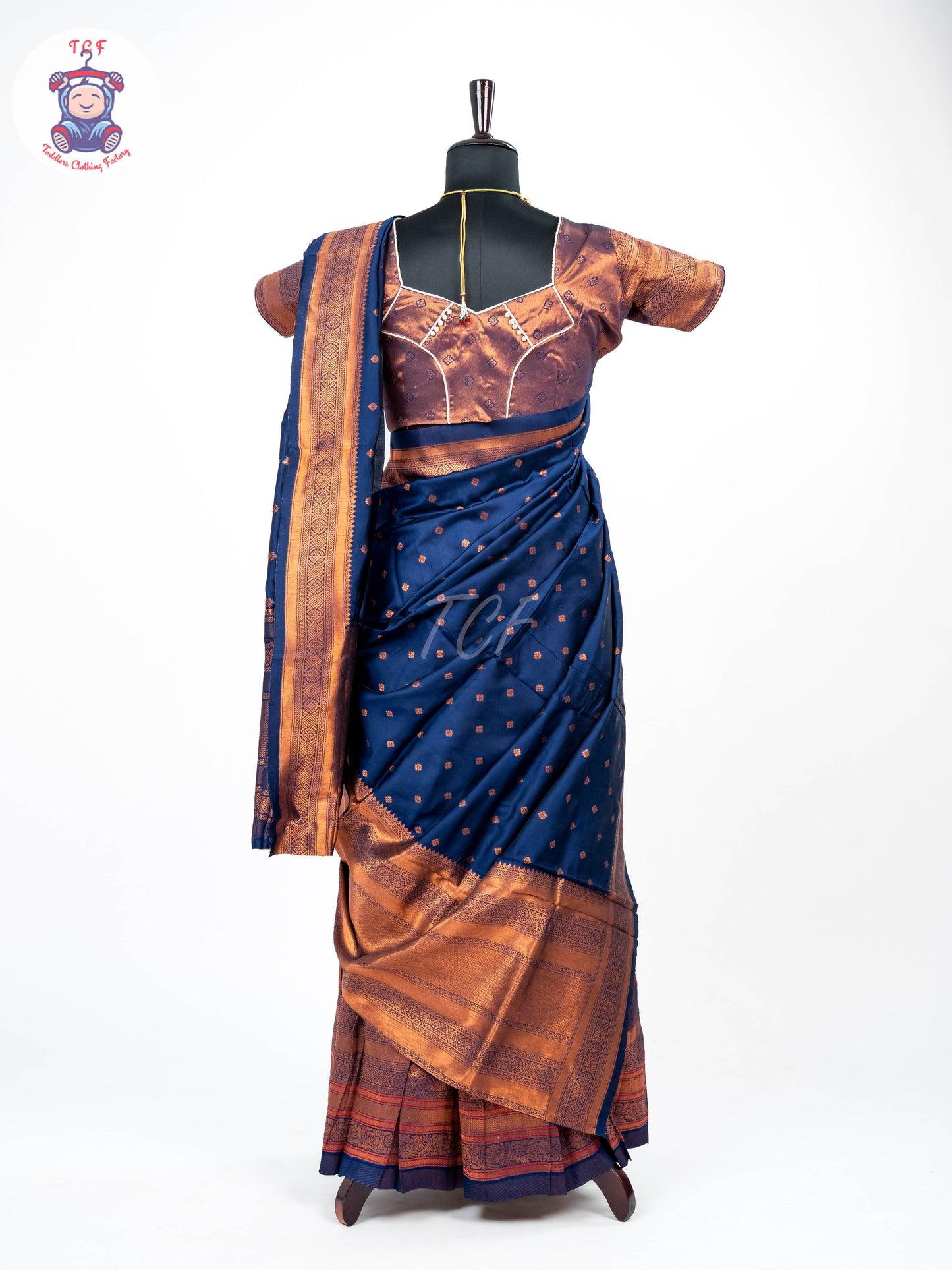Blue & Cream - Readymade Half Saree