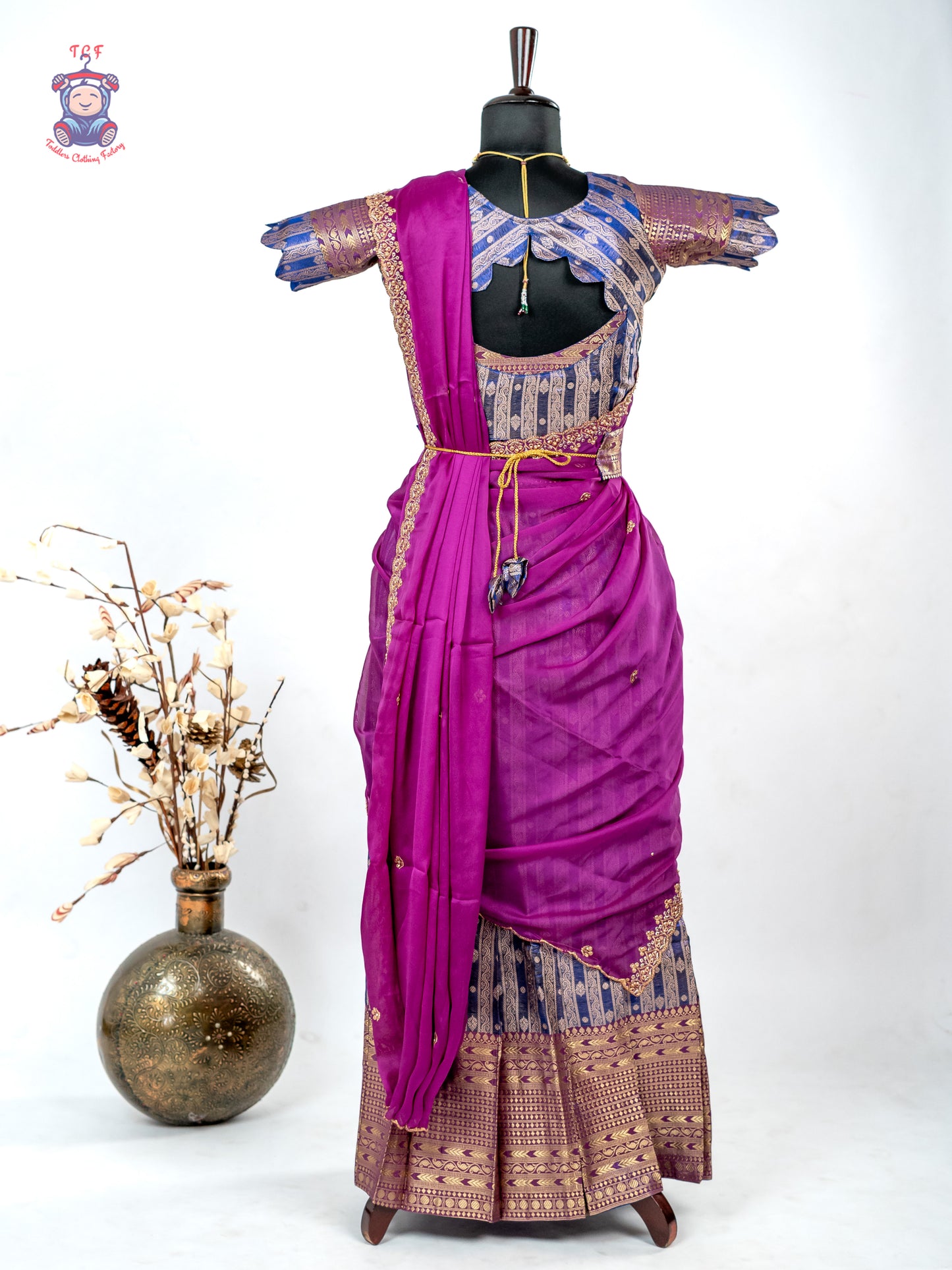 Rani Pink & Navy Blue - Adult Readymade Half Saree