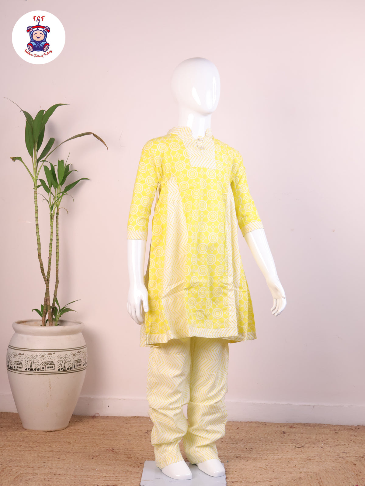 Yellow - Printed Umbrella Kurti Set