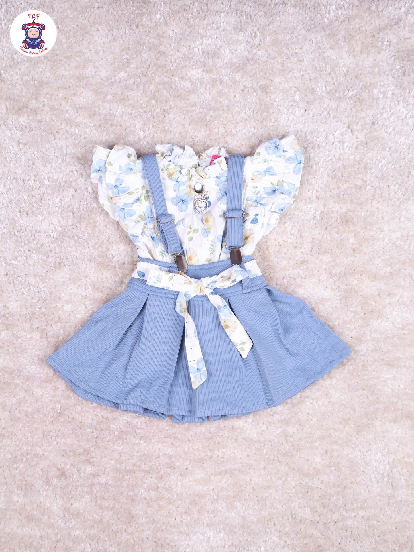Light Blue & White - Floral Girls Suspender Skirts