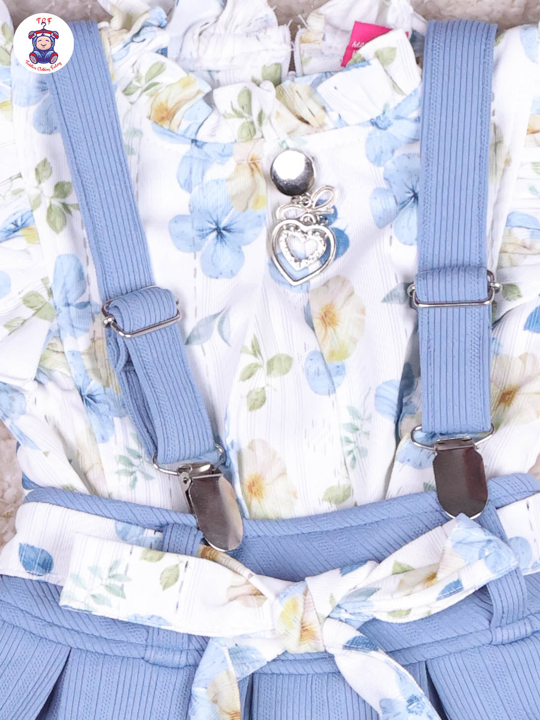 Light Blue & White - Floral Girls Suspender Skirts