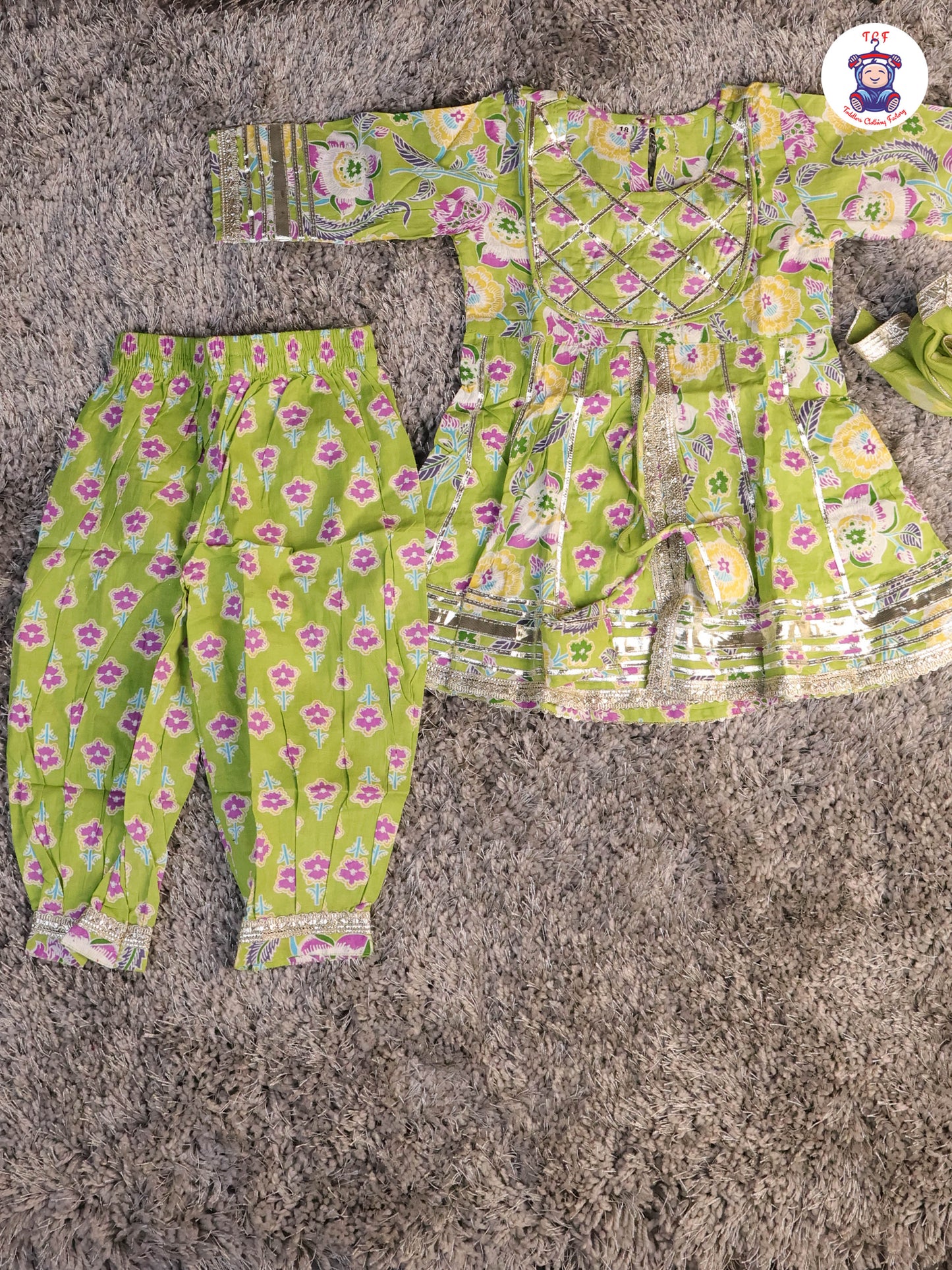 Light Green & Lavender - Floral Printed Afgani Kurti With Pant And Dupatta