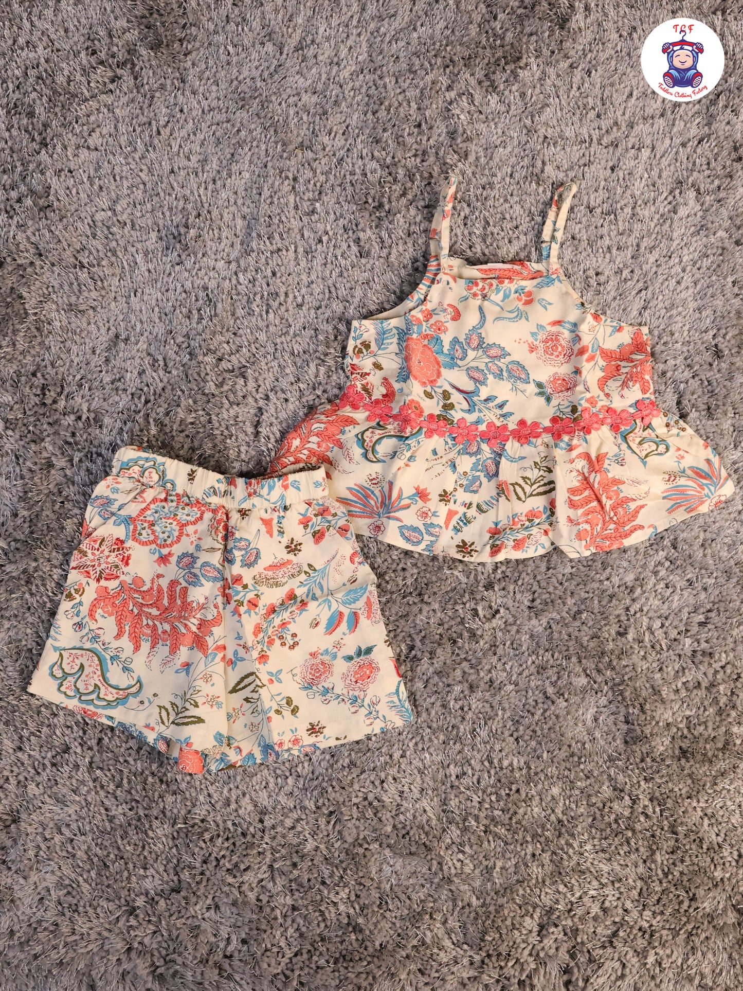 Cream & Peach - Floral Printed Flared Strappy Top & Shorts
