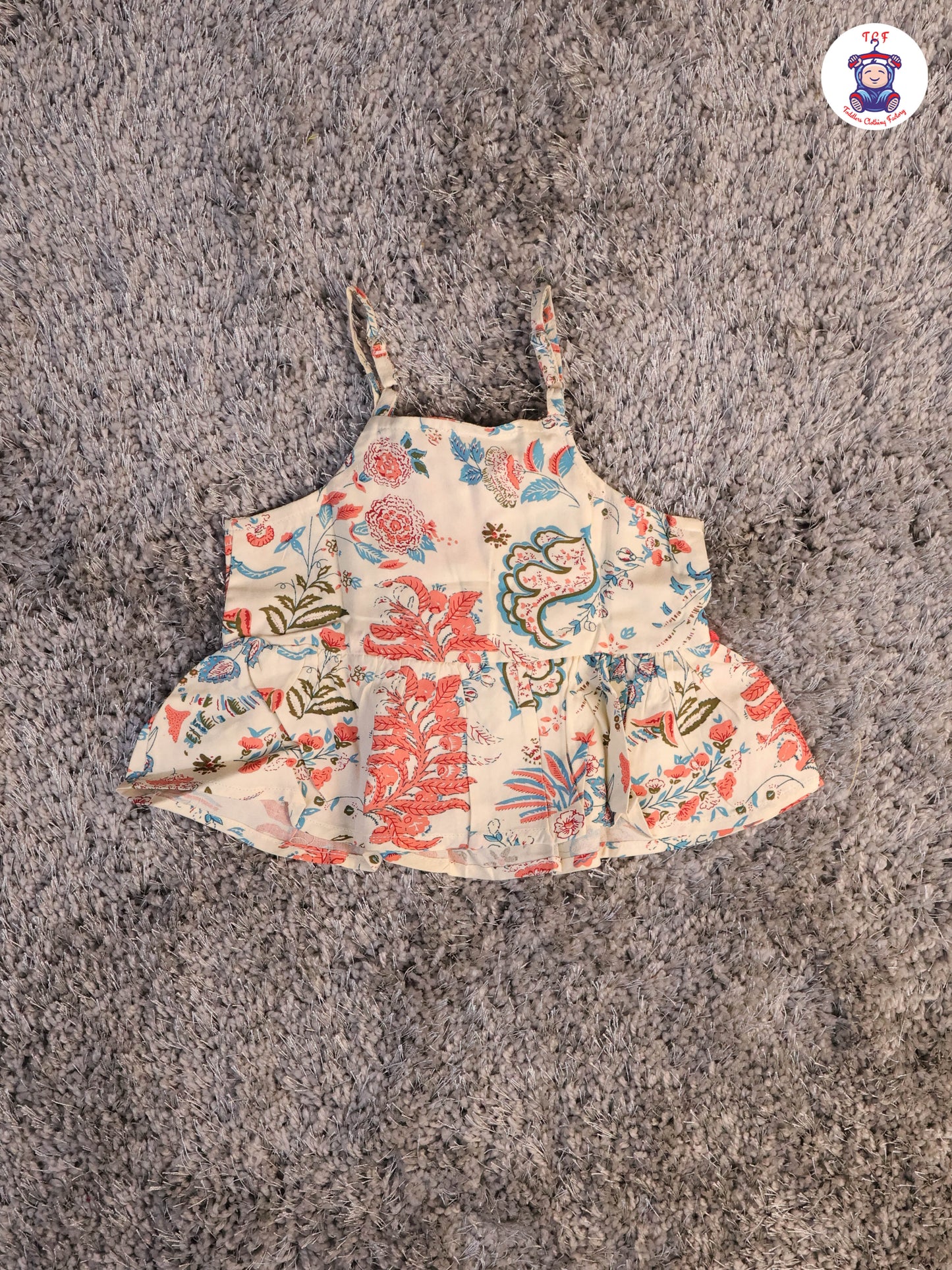 Cream & Peach - Floral Printed Flared Strappy Top & Shorts
