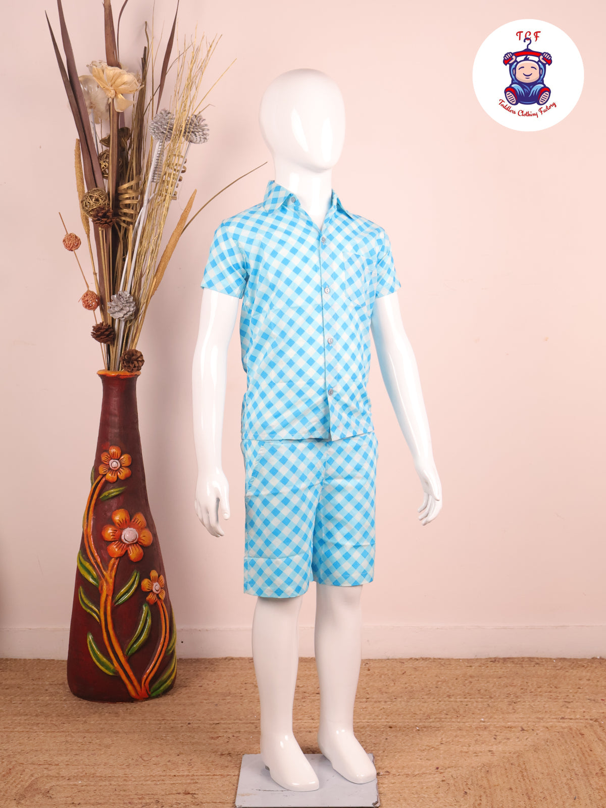 Sky Blue - Box Printed Spread Collor Shirt With Shorts