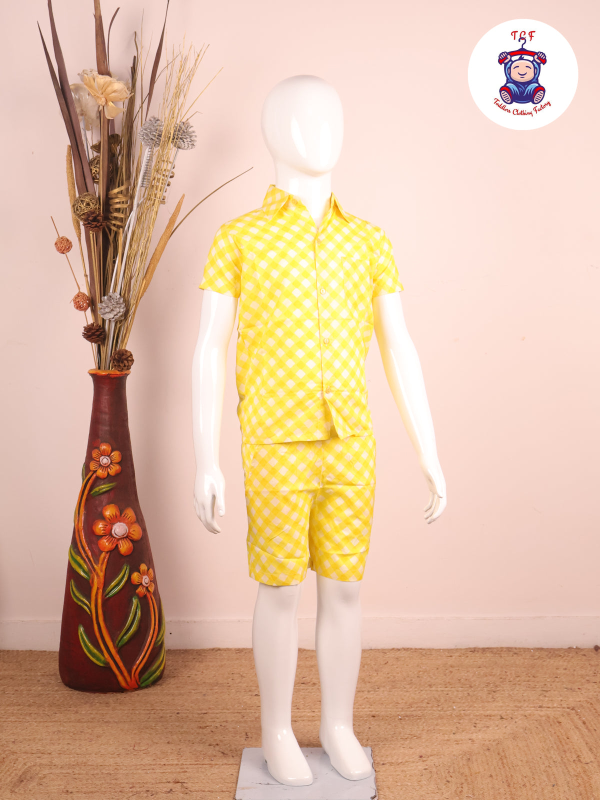 Lime Yellow - Box Printed Spread Collor Shirt With Shorts
