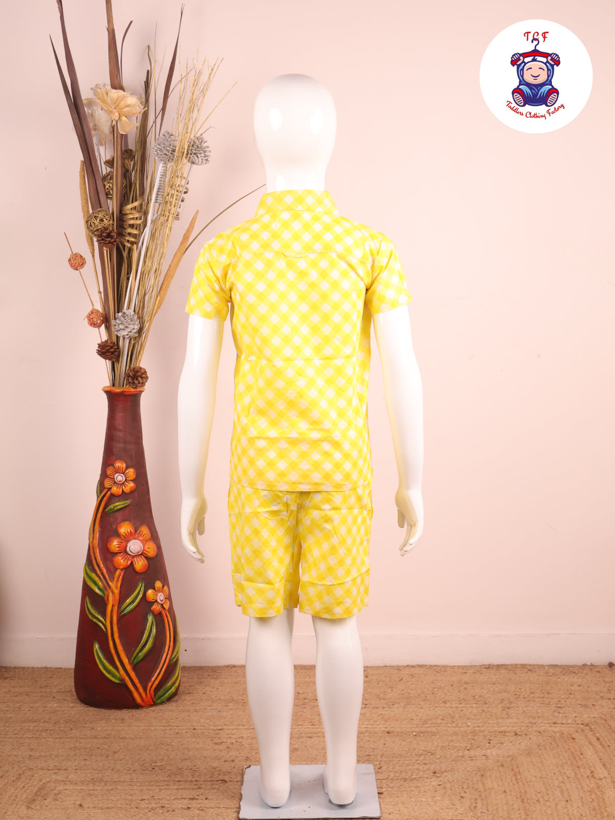Lime Yellow - Box Printed Spread Collor Shirt With Shorts
