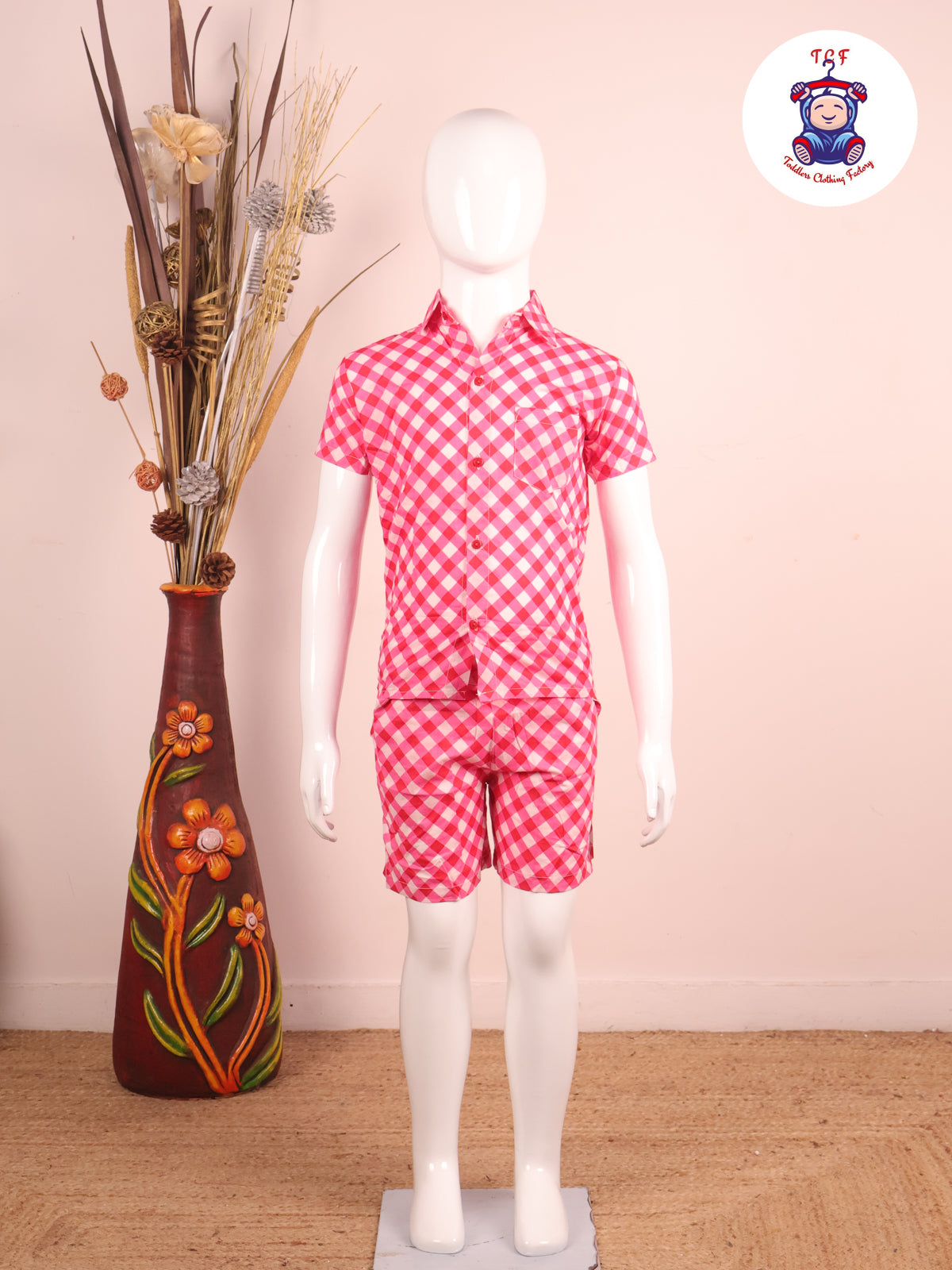 Pink - Box Printed Spread Collor Shirt With Shorts