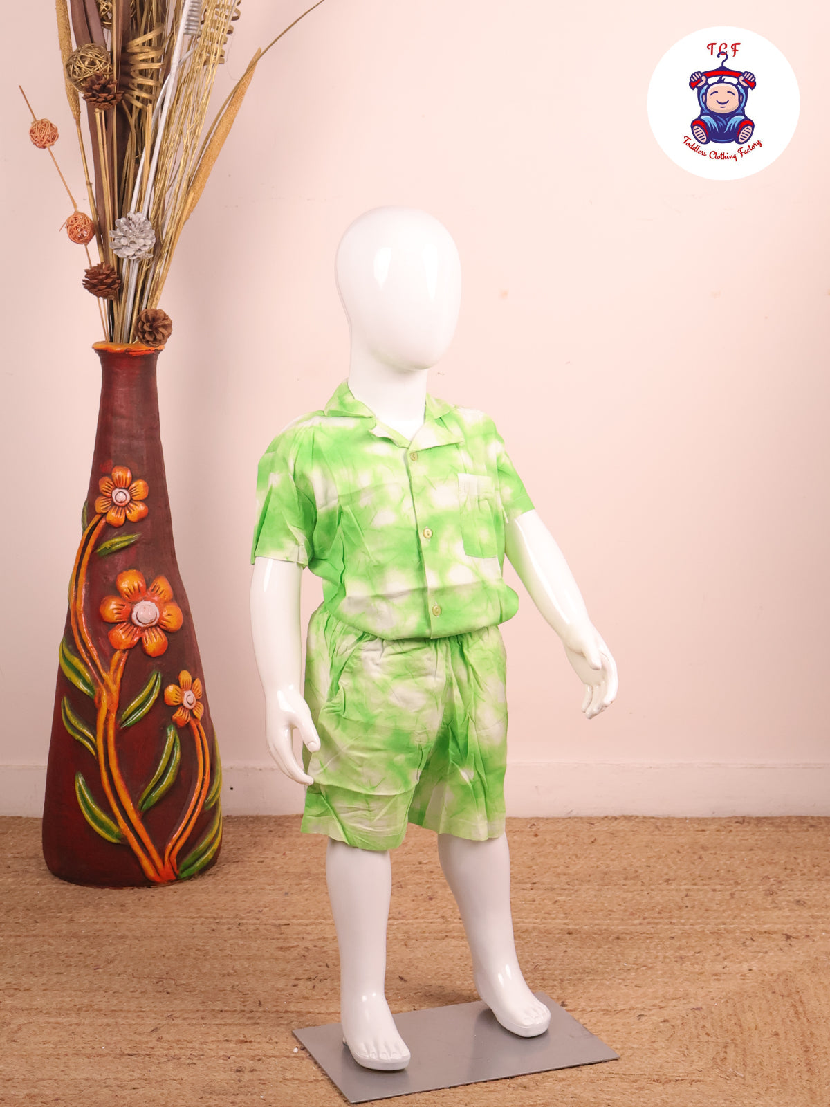 Green - Dye Printed Notched Collor Shirt With Shorts