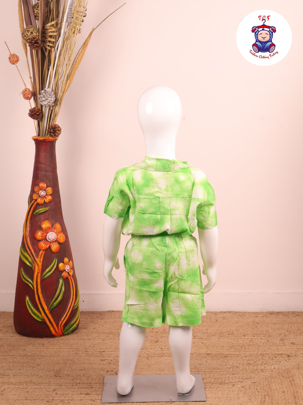Green - Dye Printed Notched Collor Shirt With Shorts