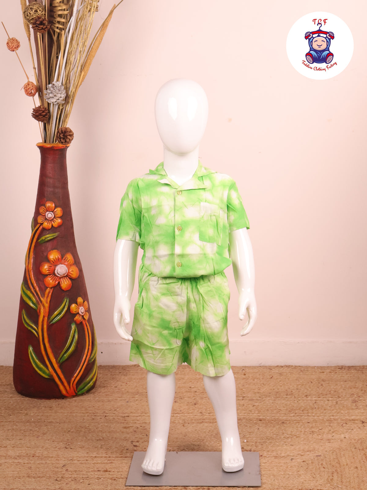 Green - Dye Printed Notched Collor Shirt With Shorts