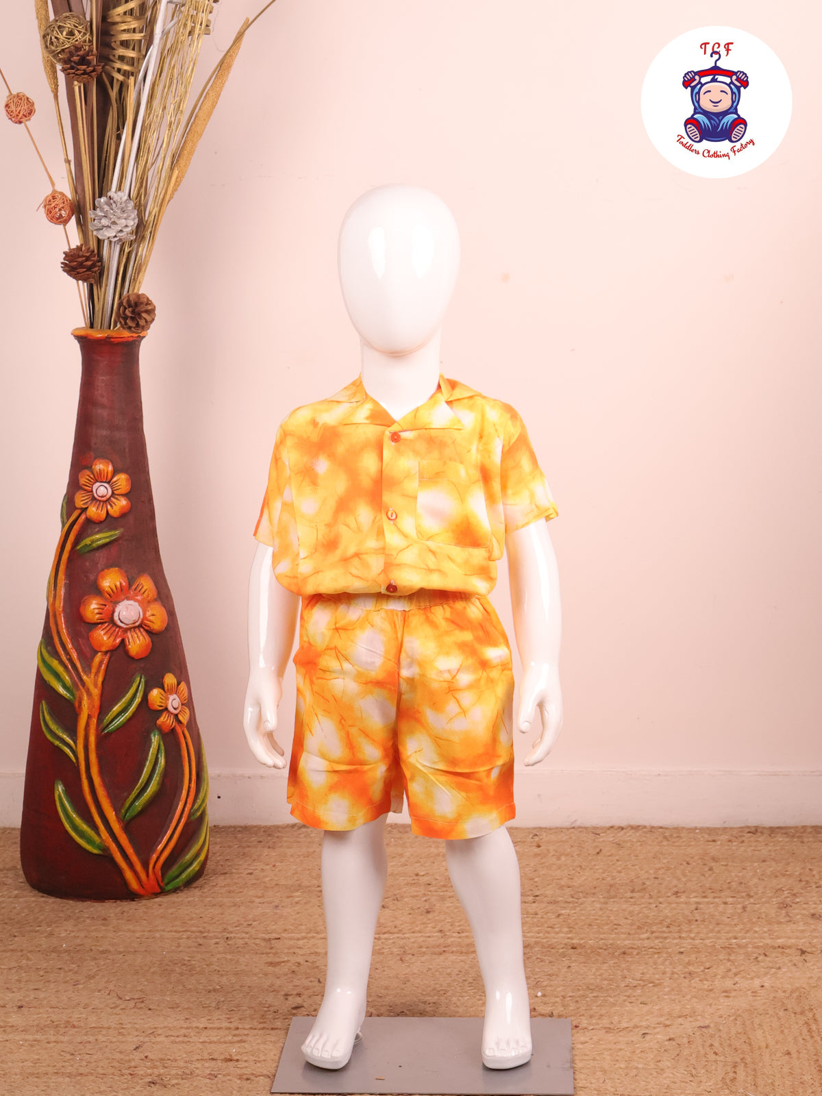 Orange - Dye Printed Notched Collor Shirt With Shorts