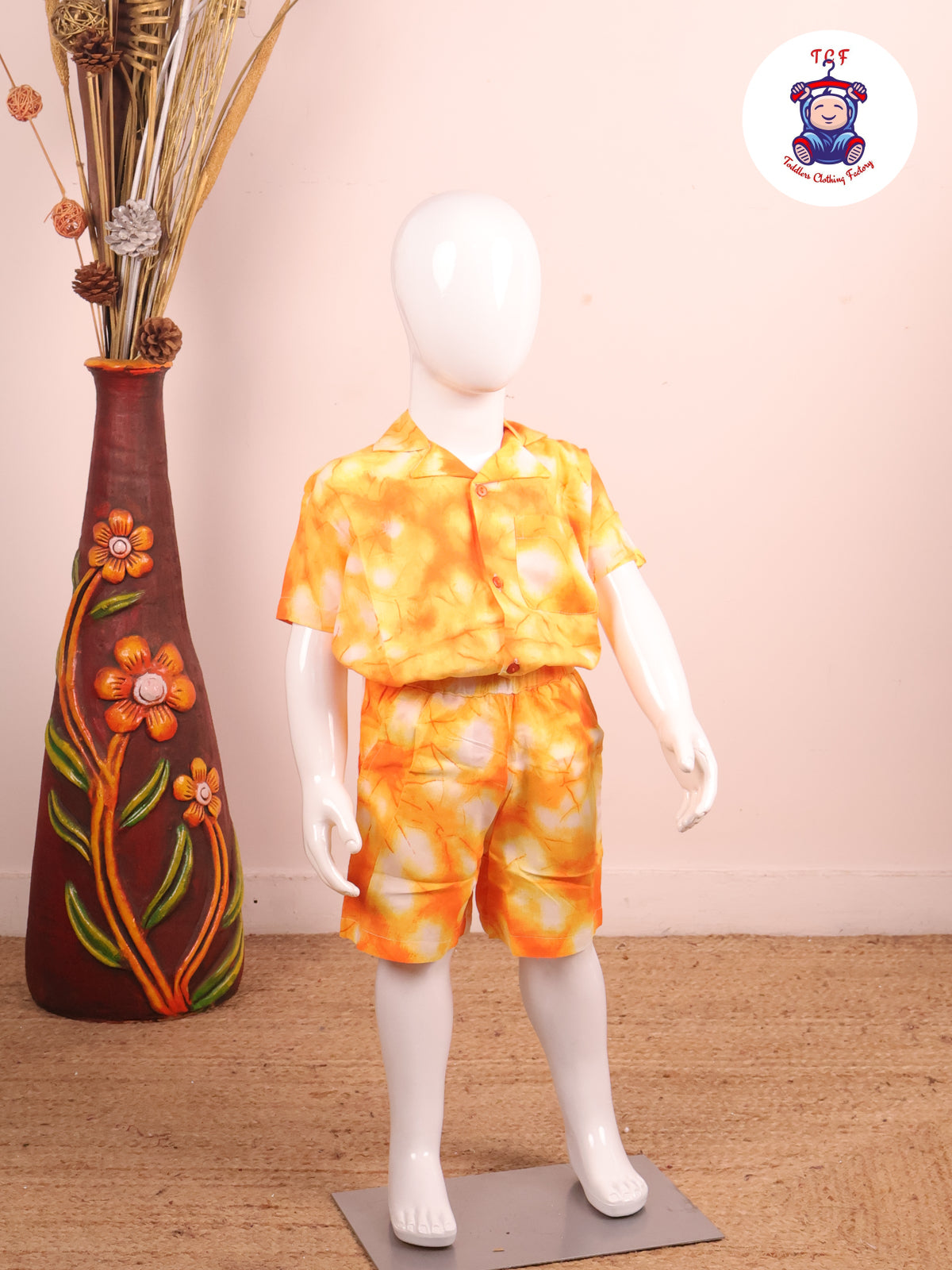 Orange - Dye Printed Notched Collor Shirt With Shorts