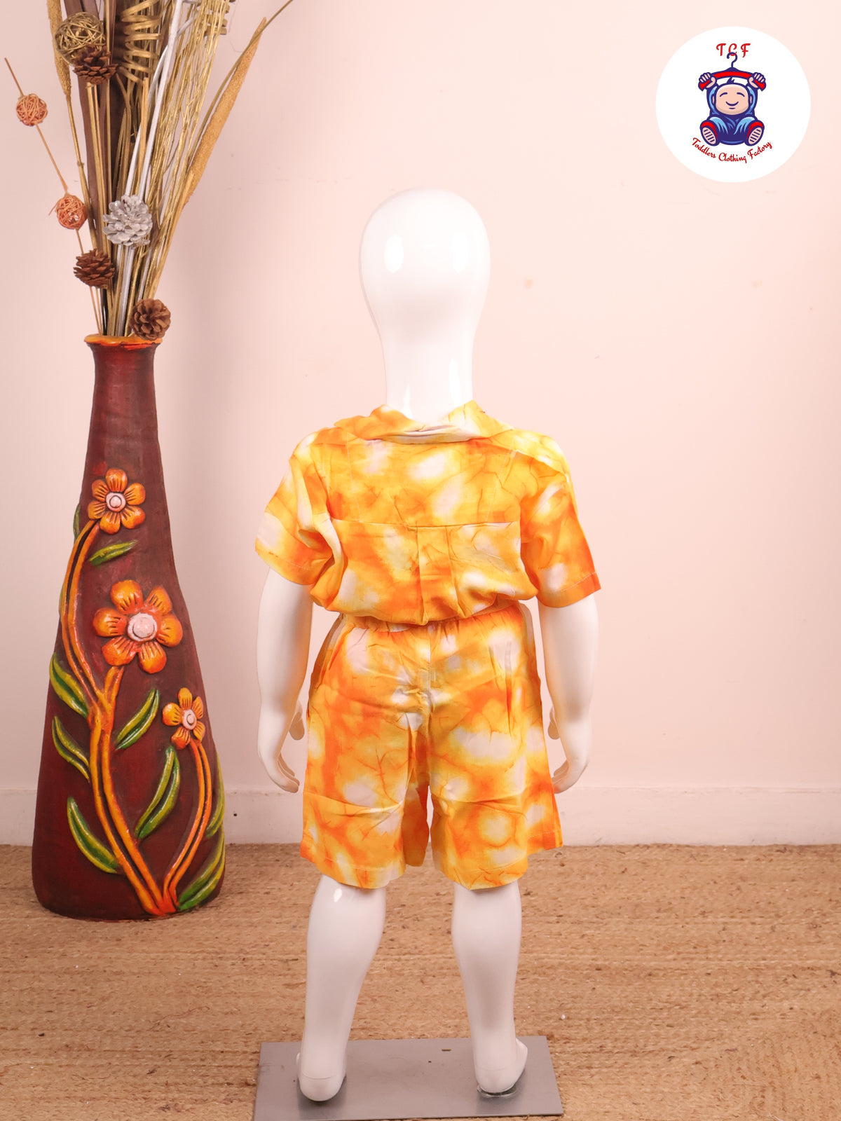 Orange - Dye Printed Notched Collor Shirt With Shorts