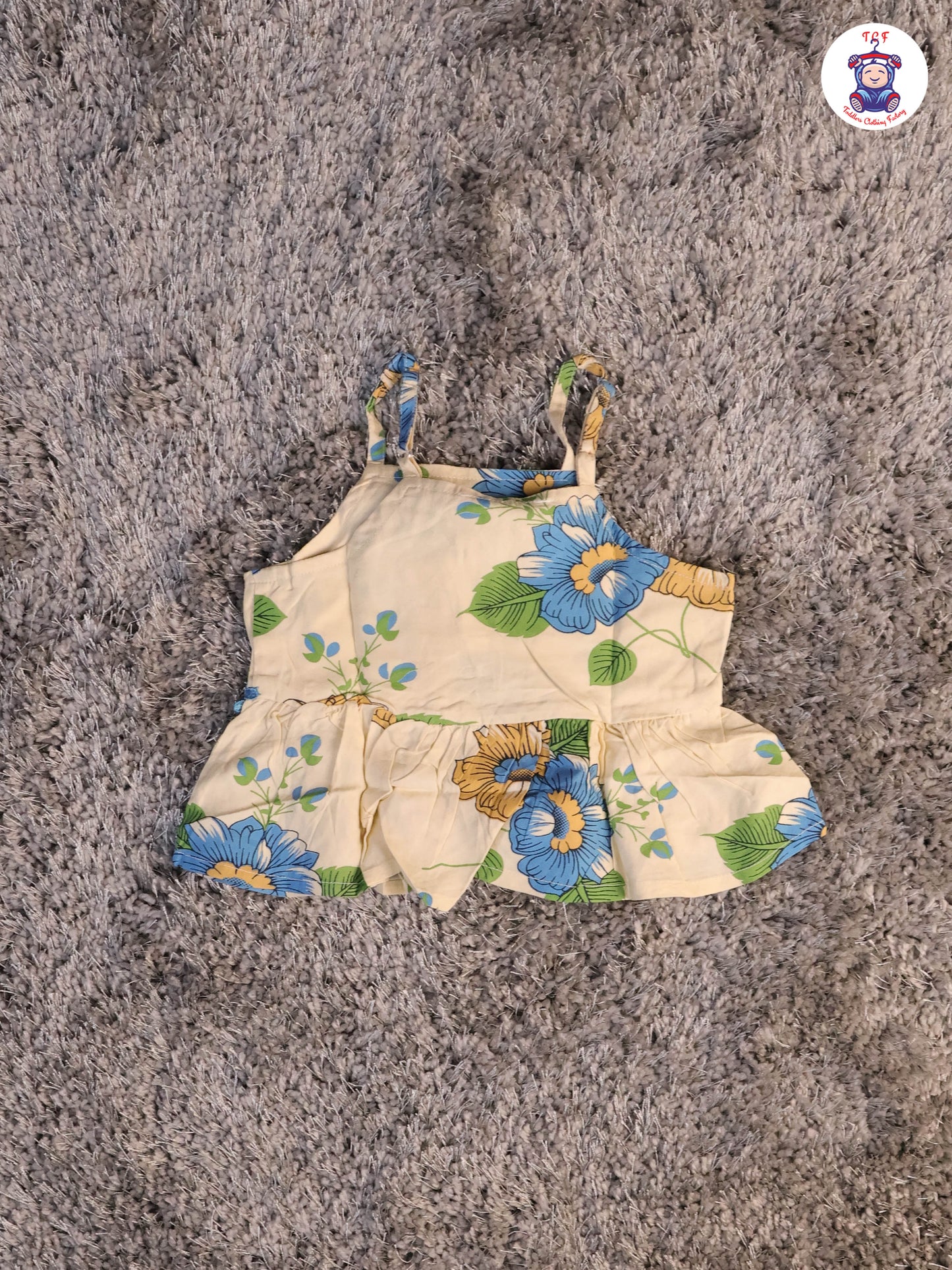 Cream & Blue - Floral Printed Flared Strappy Top & Shorts
