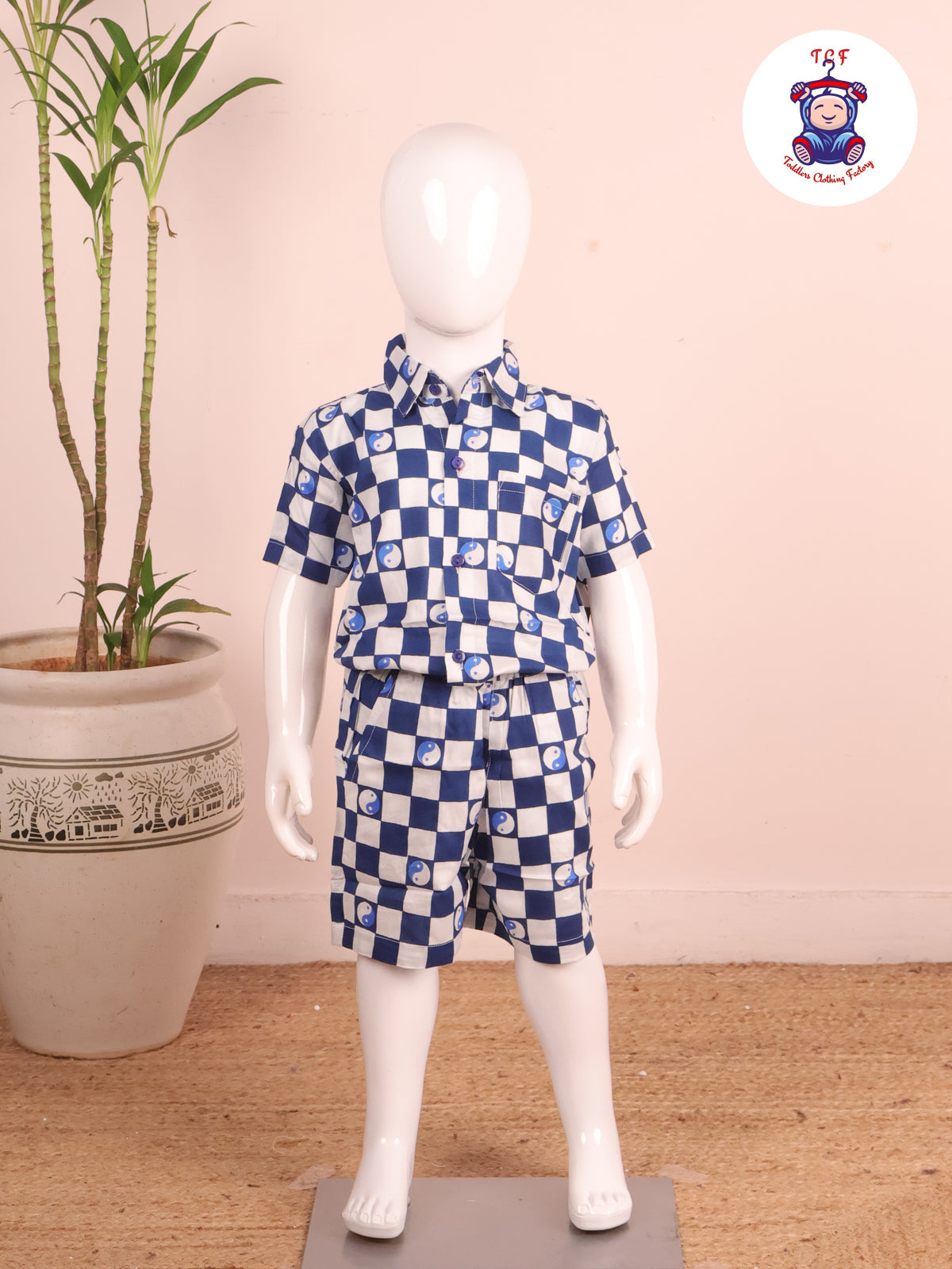 Blue - Box Printed Spread Collor Shirt With Shorts