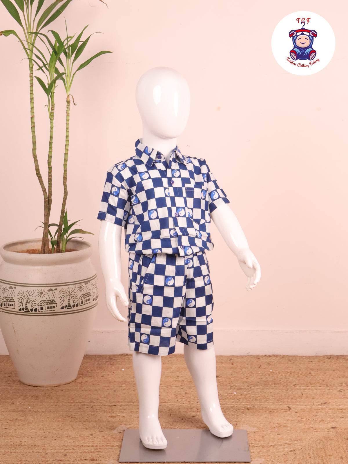 Blue - Box Printed Spread Collor Shirt With Shorts