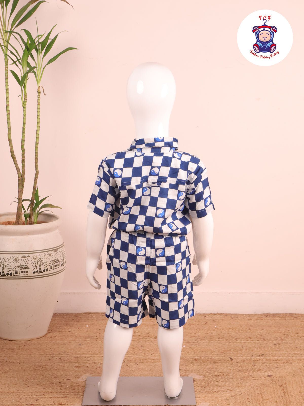 Blue - Box Printed Spread Collor Shirt With Shorts