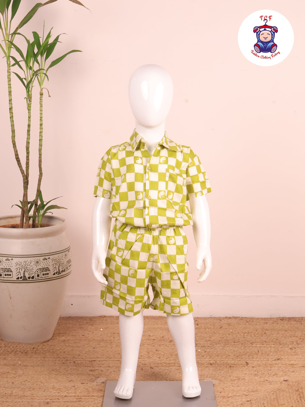 Green - Box Printed Spread Collor Shirt With Shorts