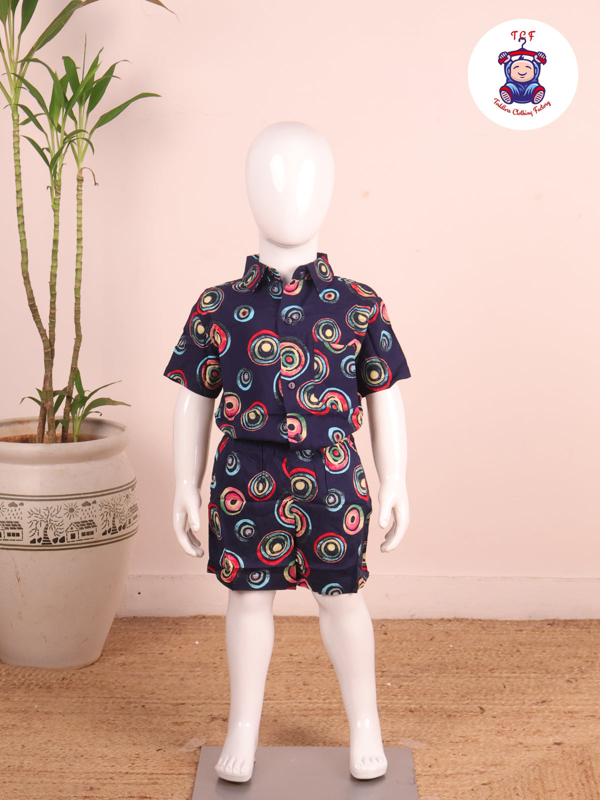 Navy Blue - Printed Collor Neck Shirt With Shorts