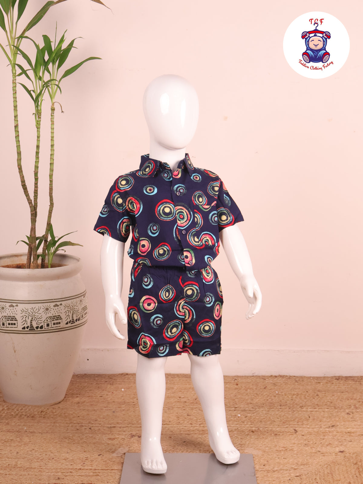 Navy Blue - Printed Collor Neck Shirt With Shorts