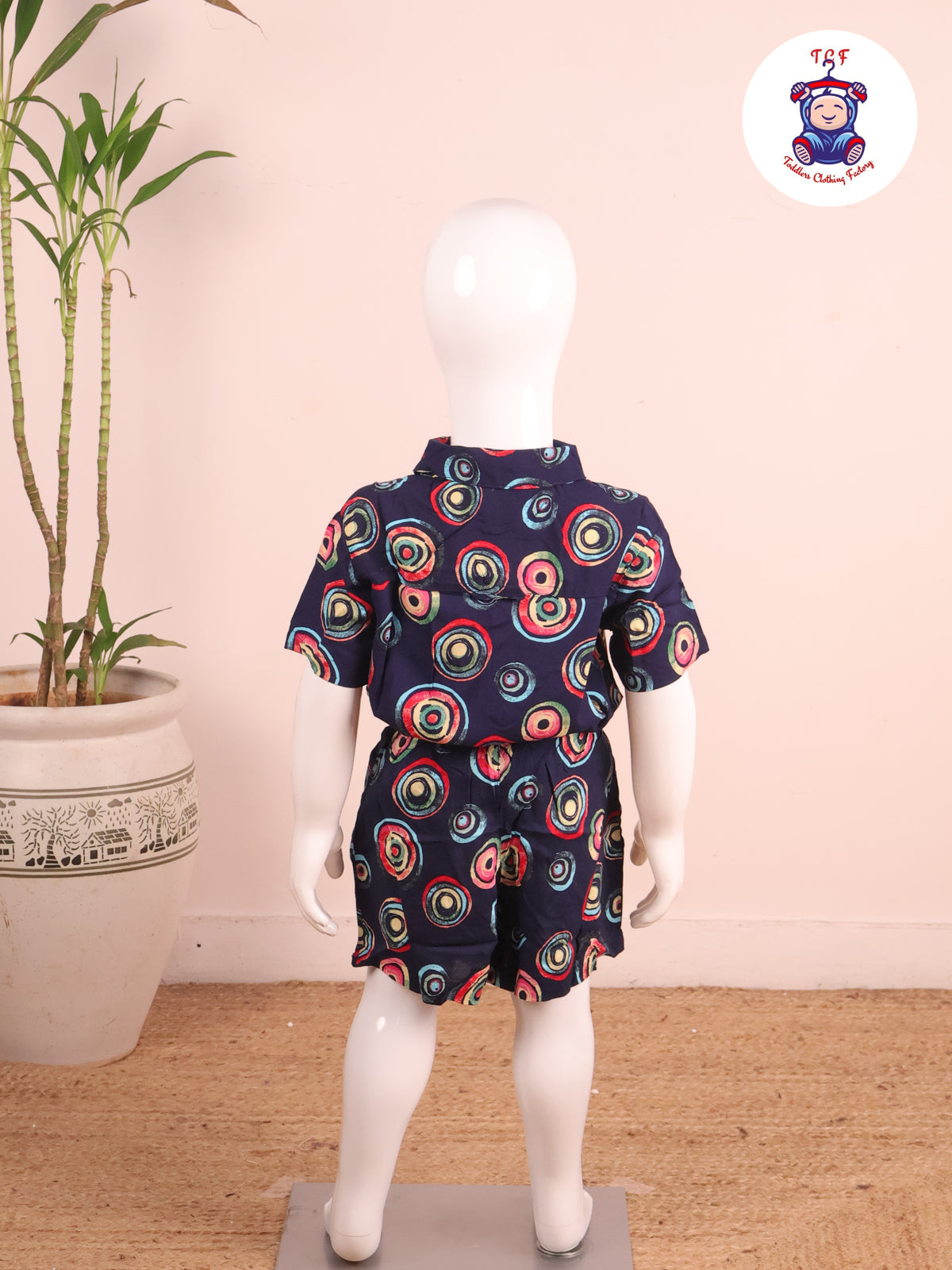 Navy Blue - Printed Collor Neck Shirt With Shorts