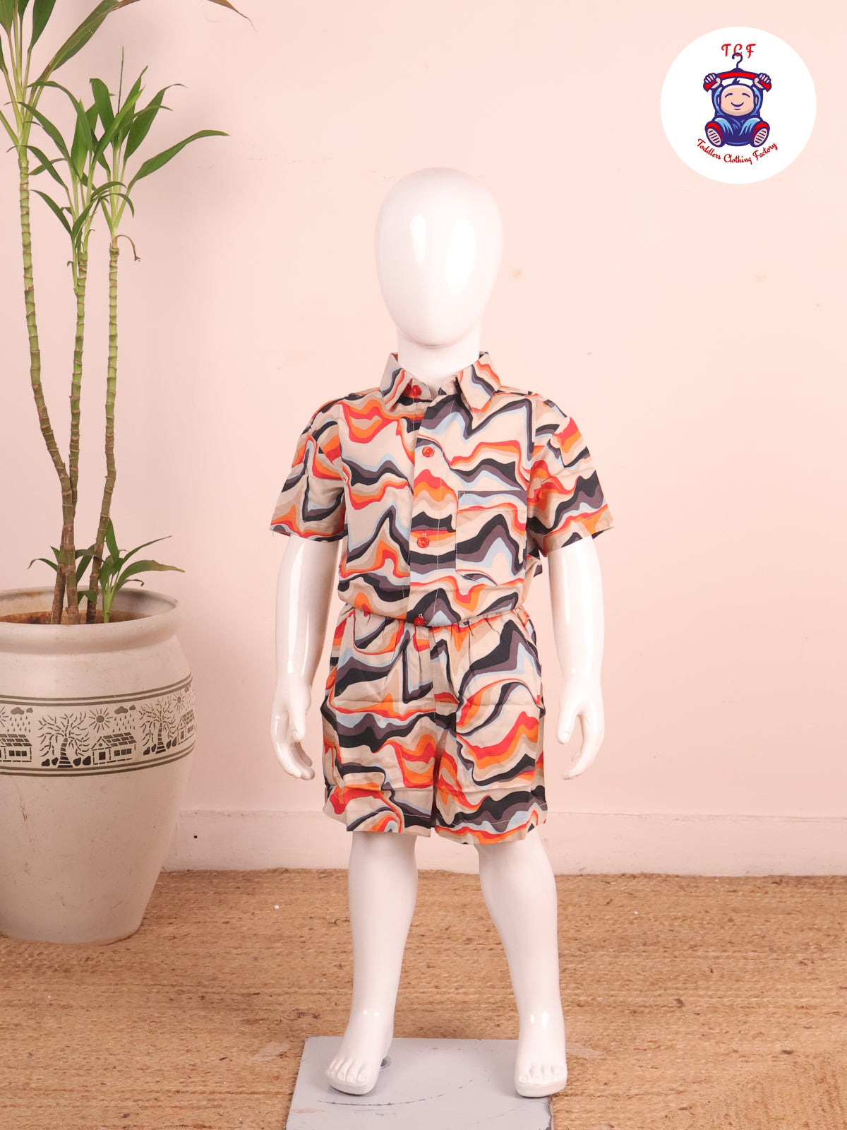 Cream - Printed Collor Neck Shirt With Shorts