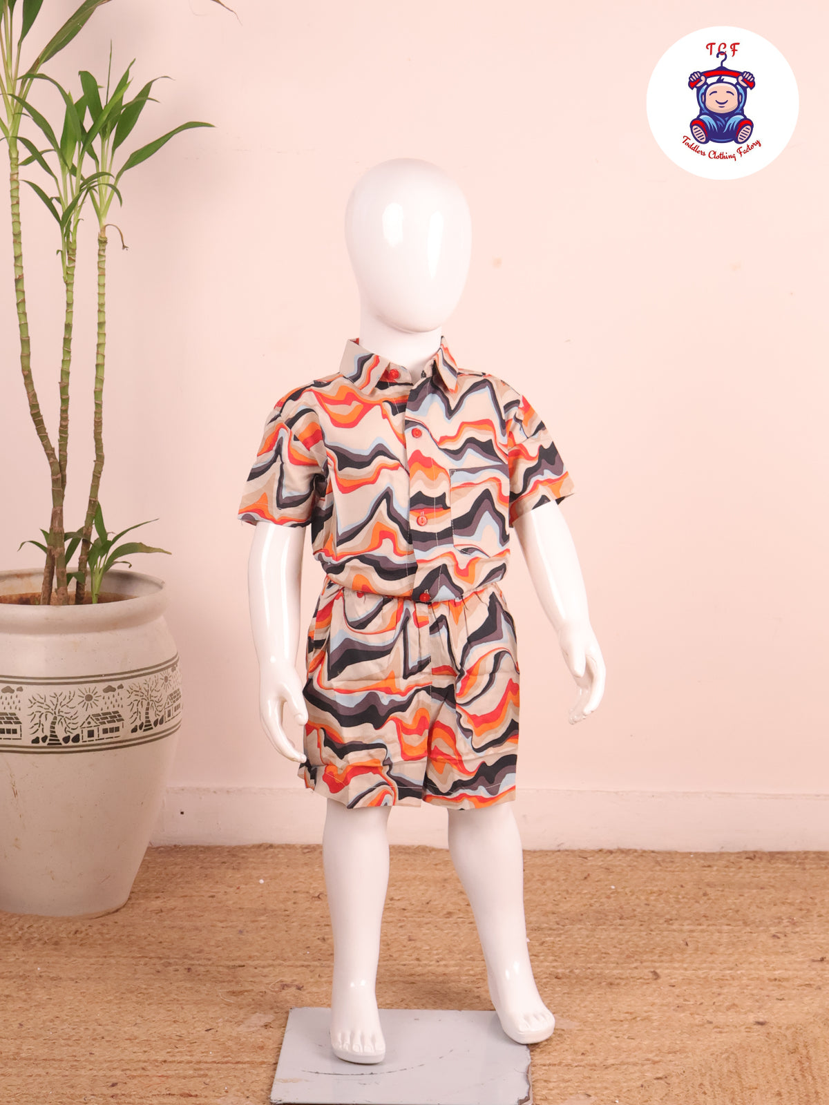 Cream - Printed Collor Neck Shirt With Shorts